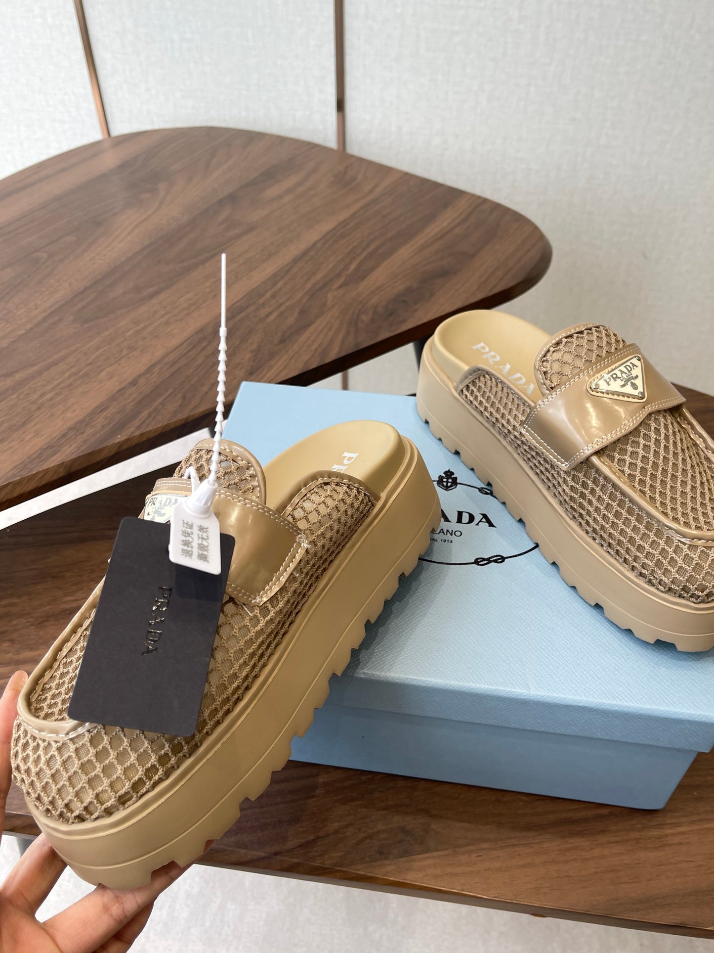 Prada 26s Mules Beige Mesh Fabric 727680