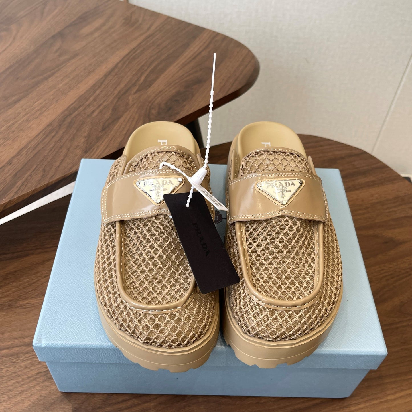 Prada 26s Mules Beige Mesh Fabric 727680
