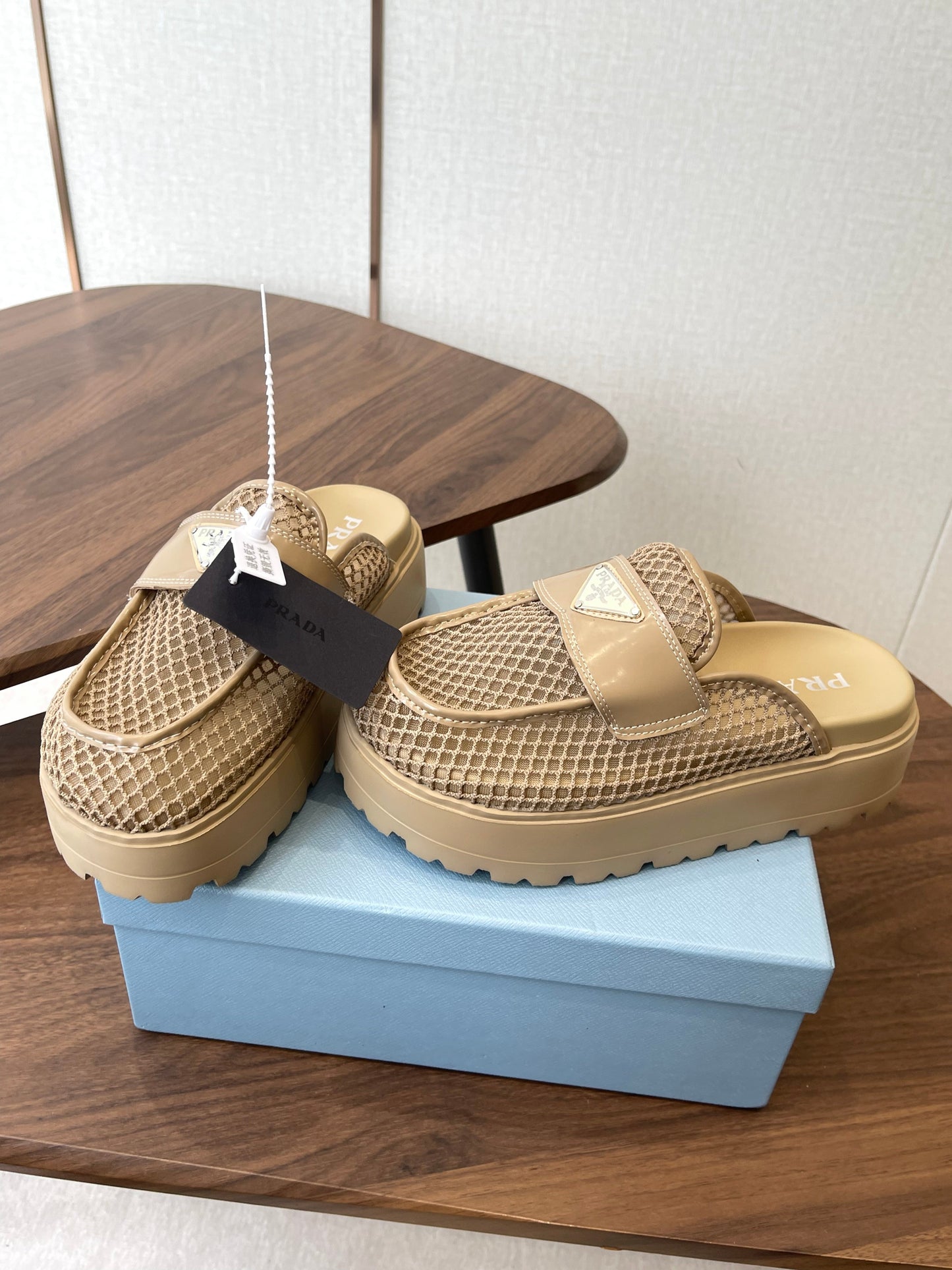 Prada 26s Mules Beige Mesh Fabric 727680