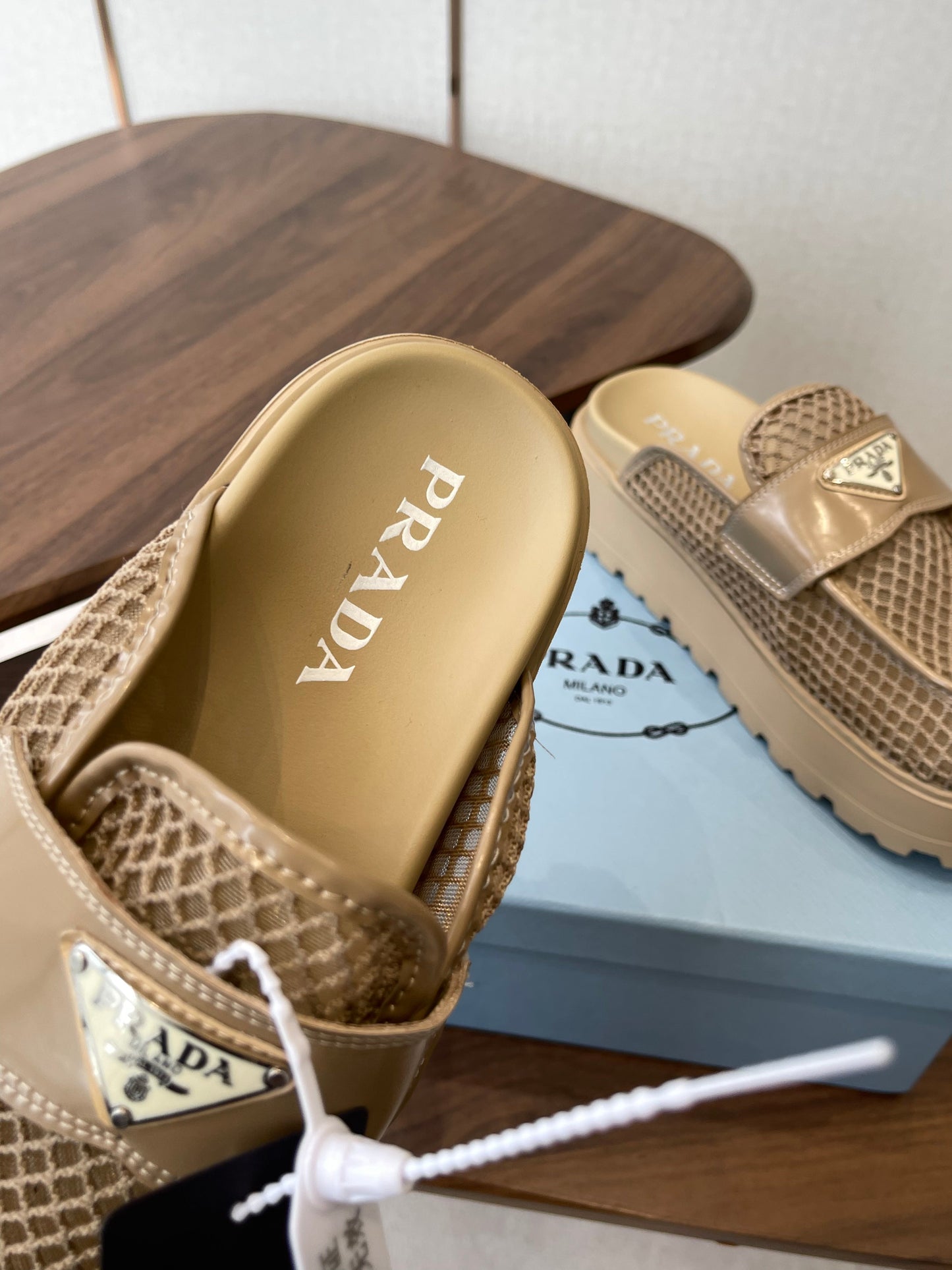 Prada 26s Mules Beige Mesh Fabric 727680