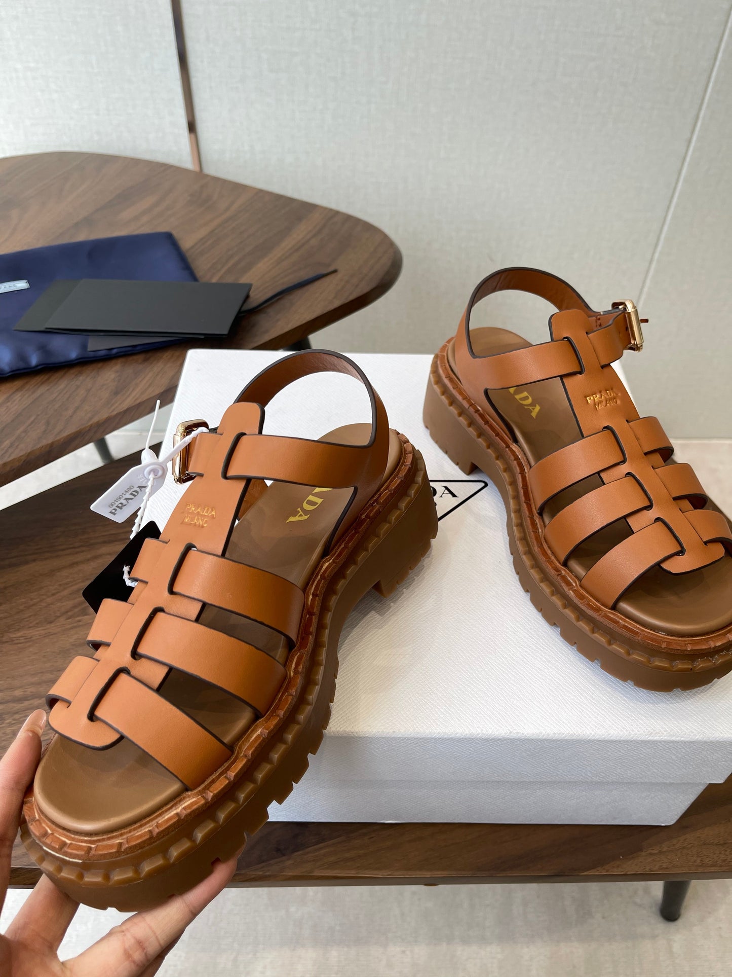 Prada Strappy Sandals 5.5cm Brown Leather 728557