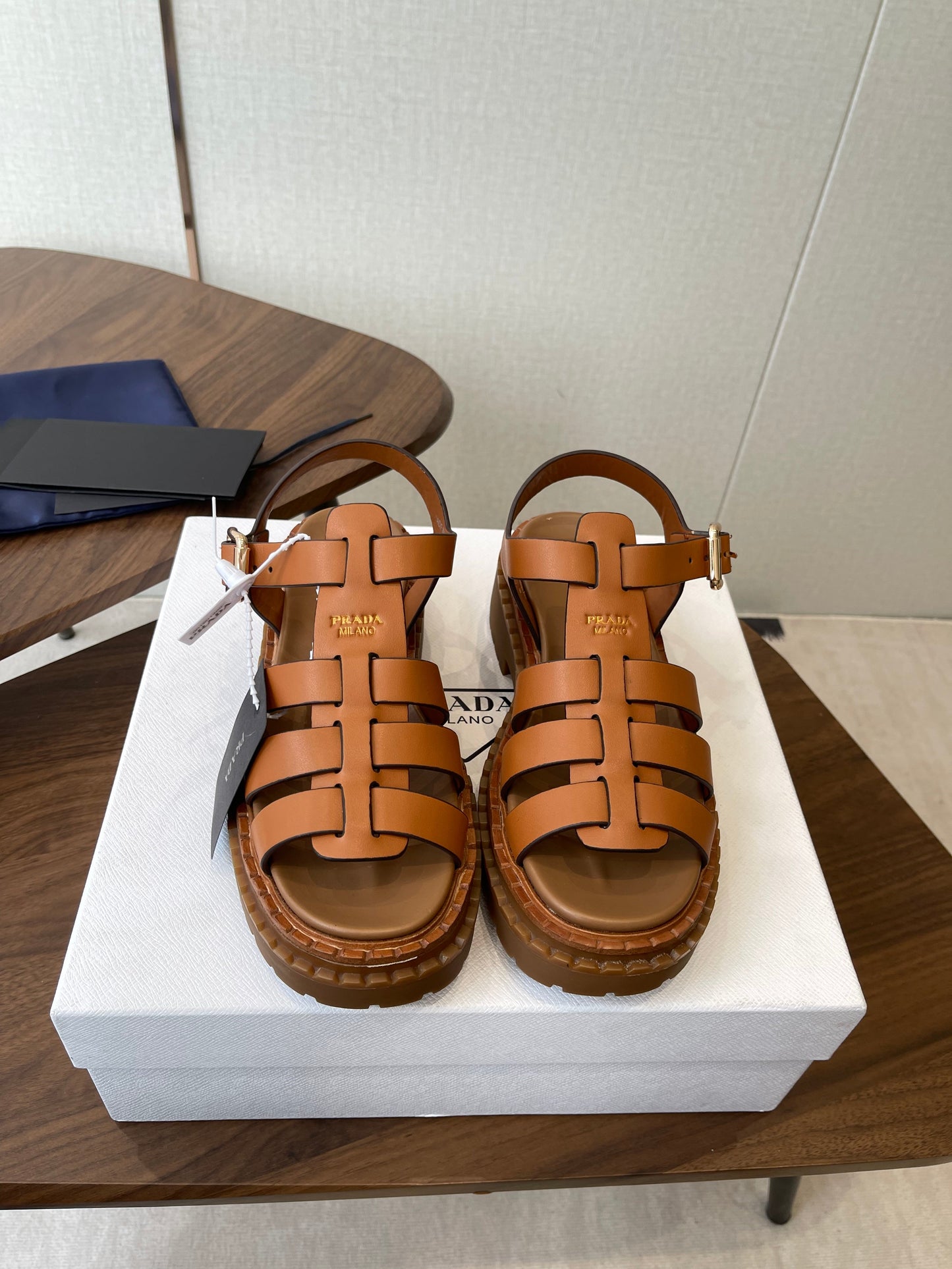 Prada Strappy Sandals 5.5cm Brown Leather 728557