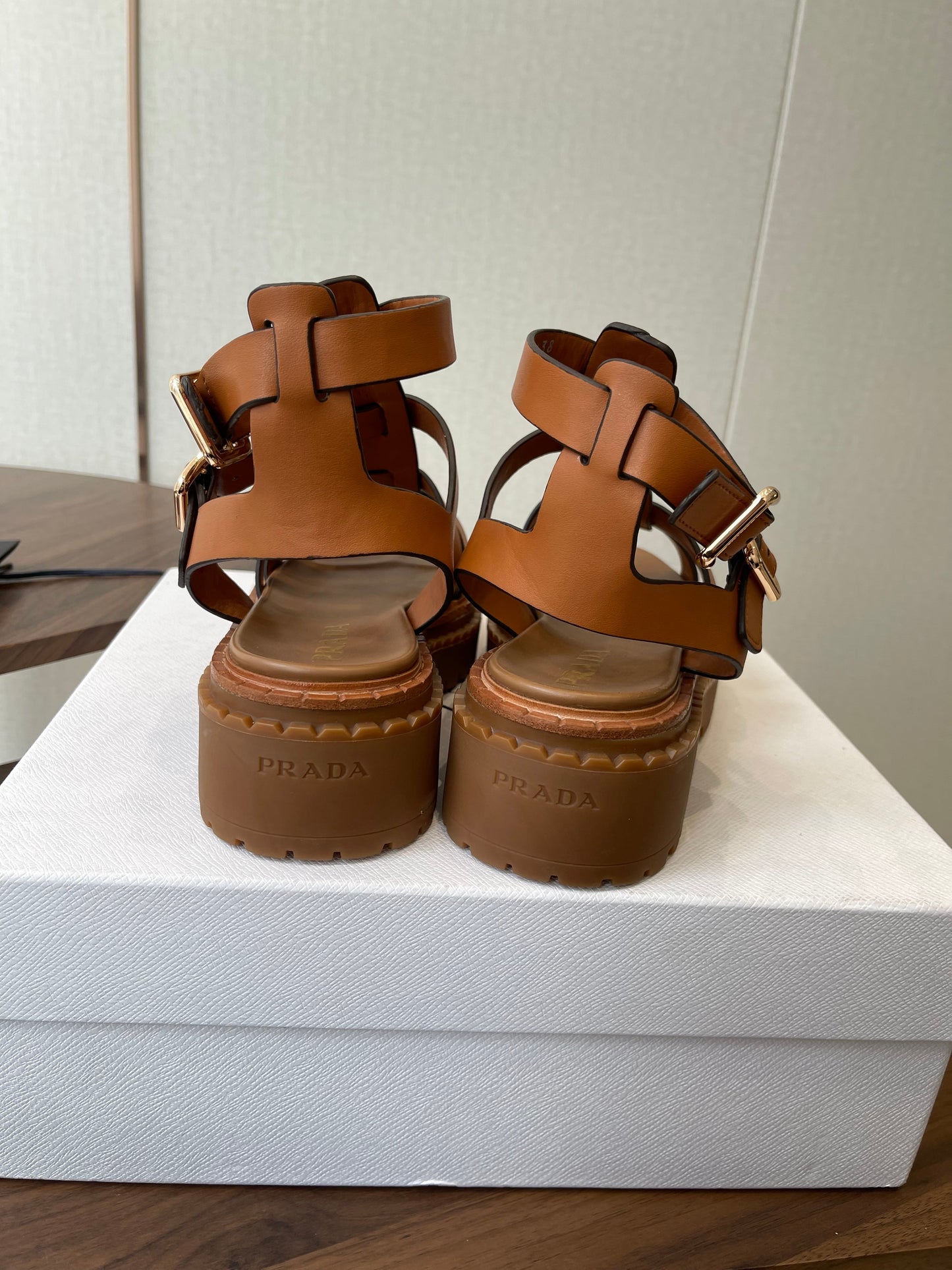Prada Strappy Sandals 5.5cm Brown Leather 728561