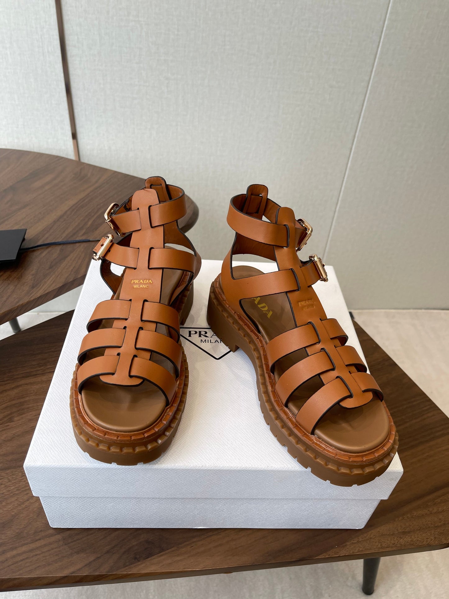 Prada Strappy Sandals 5.5cm Brown Leather 728561