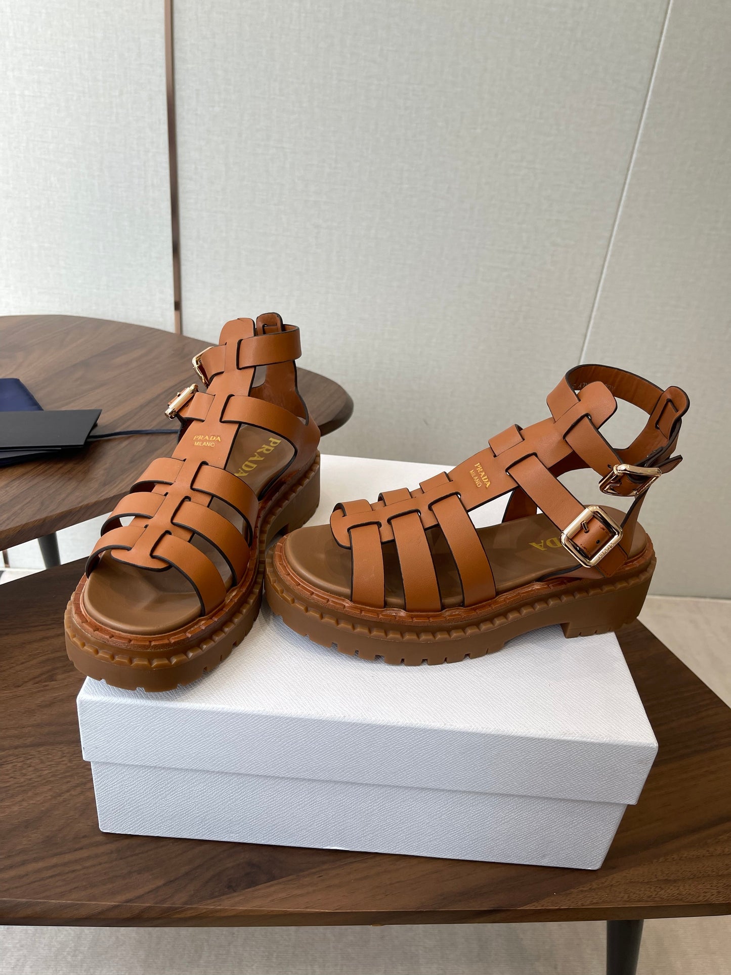 Prada Strappy Sandals 5.5cm Brown Leather 728561