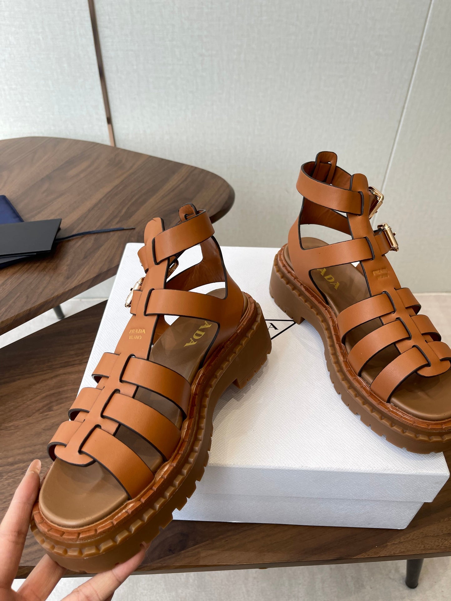 Prada Strappy Sandals 5.5cm Brown Leather 728561