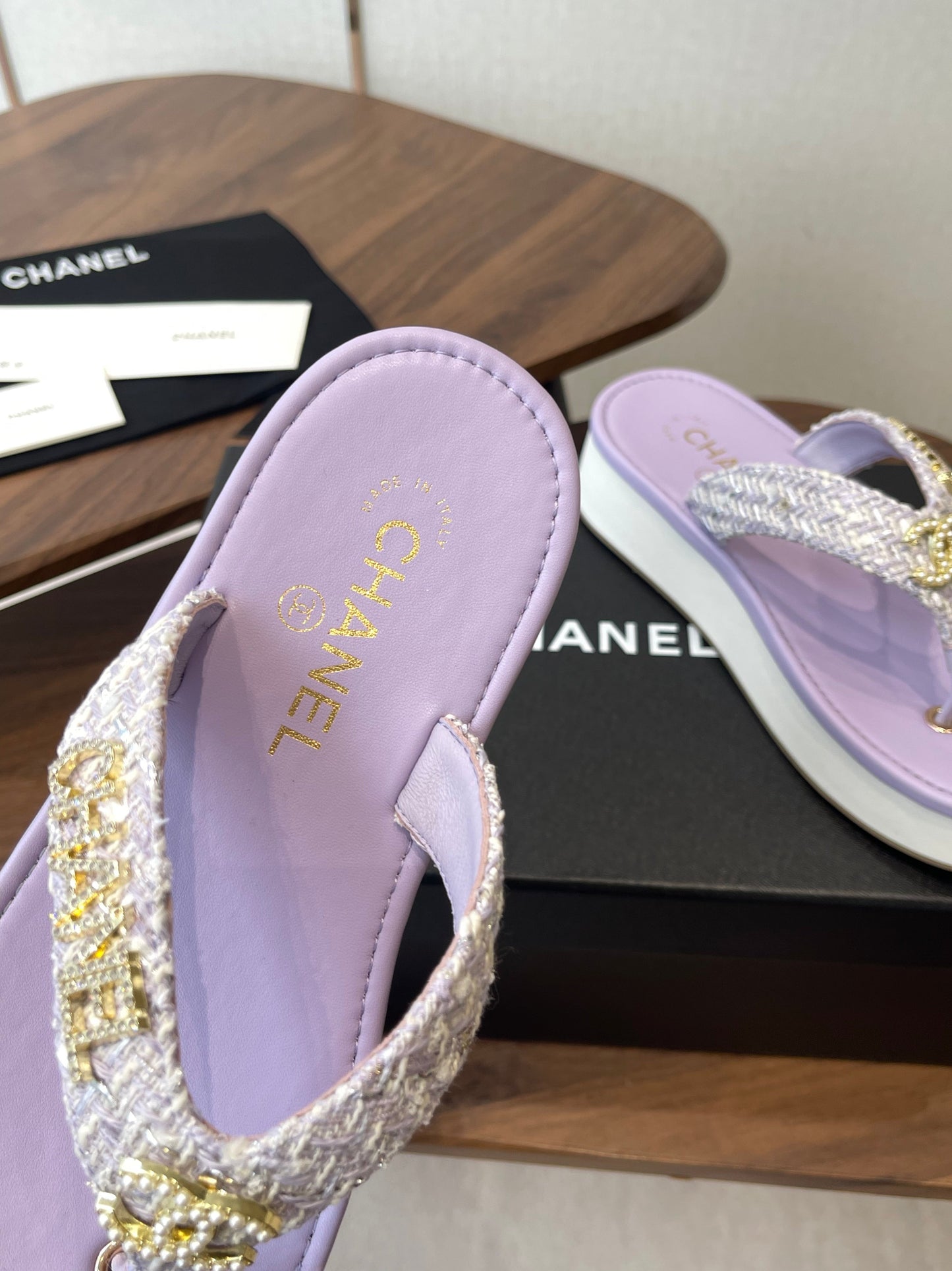 Chanel 2026 Thong Sandal Platform Tweed Gold Logo Details 790372