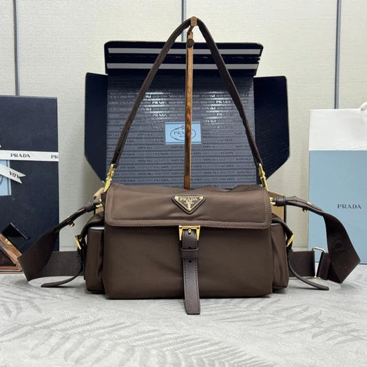 Prada 2026 Explore Shoulder Bag 30cm With Flap Sienna Re-Nylon