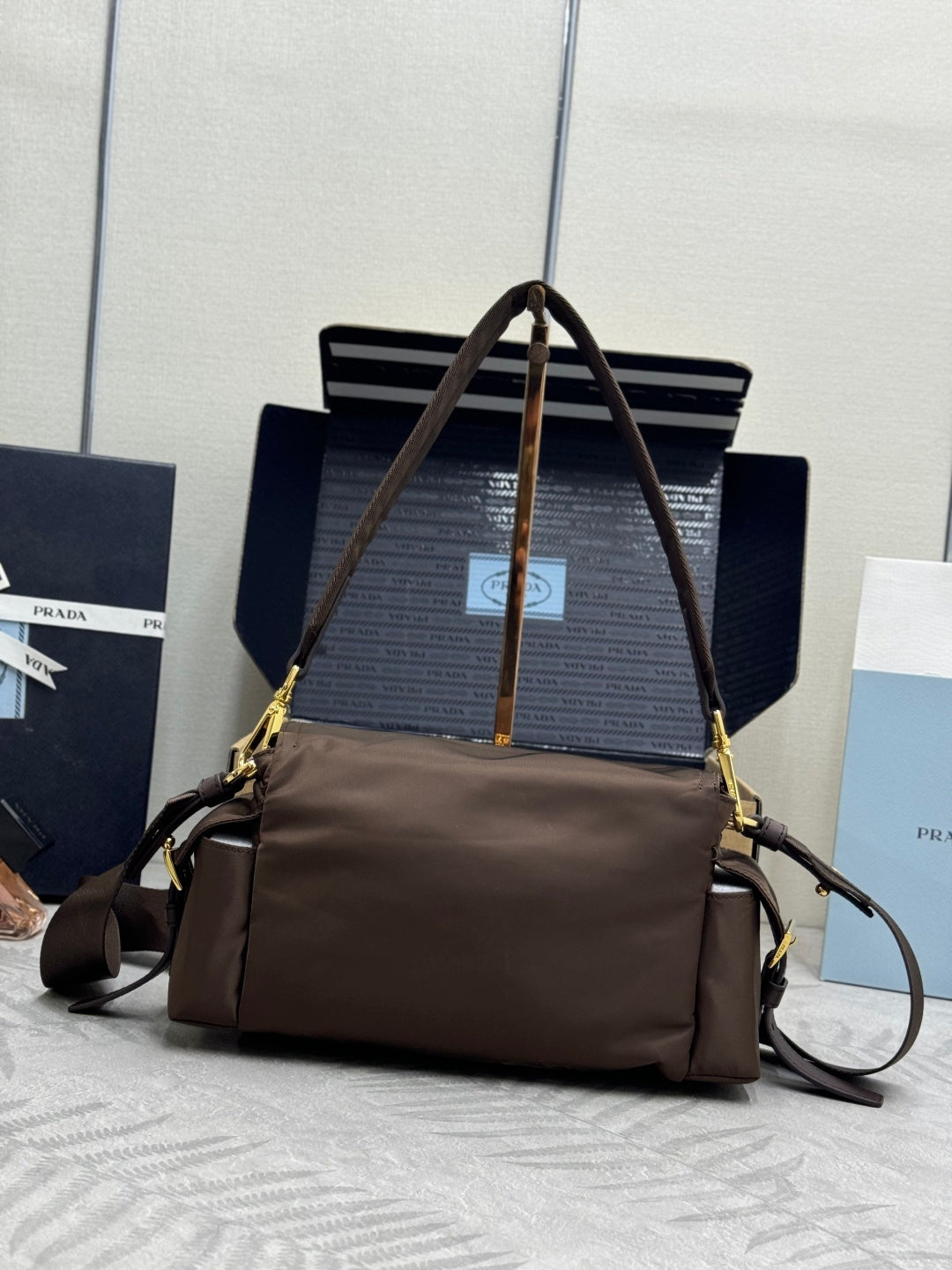 Pra Explore Medium Shoulder Bag With Flap Brown Nylon 294025