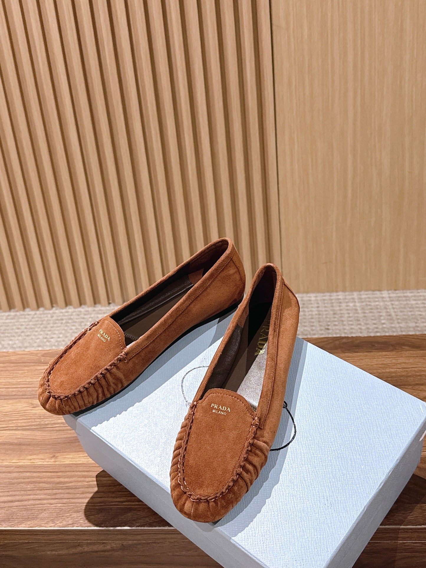 Prada 26s Loafers Tan Ruffled Suede 974897