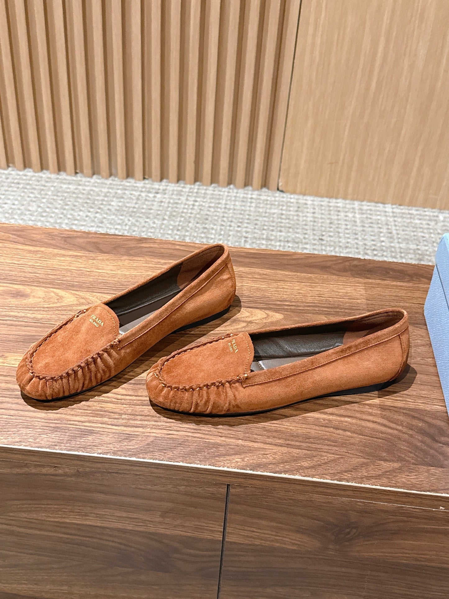 Prada 26s Loafers Tan Ruffled Suede 974897