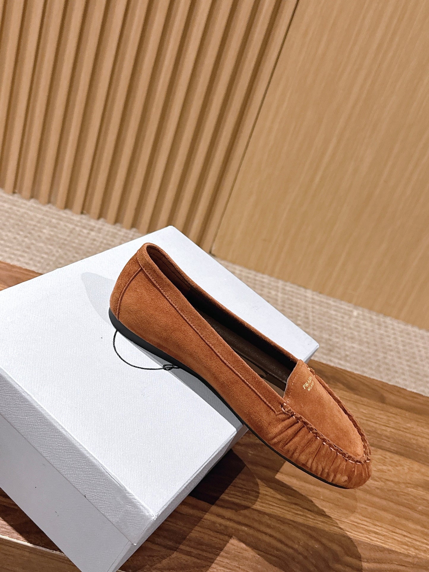 Prada 26s Loafers Tan Ruffled Suede 974897