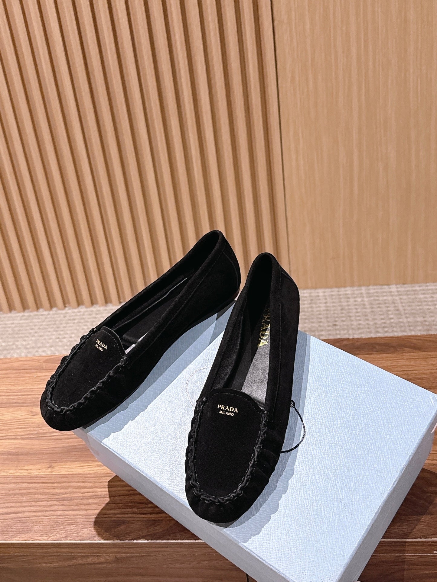 Prada 26s Loafers Black Ruffled Suede 974898