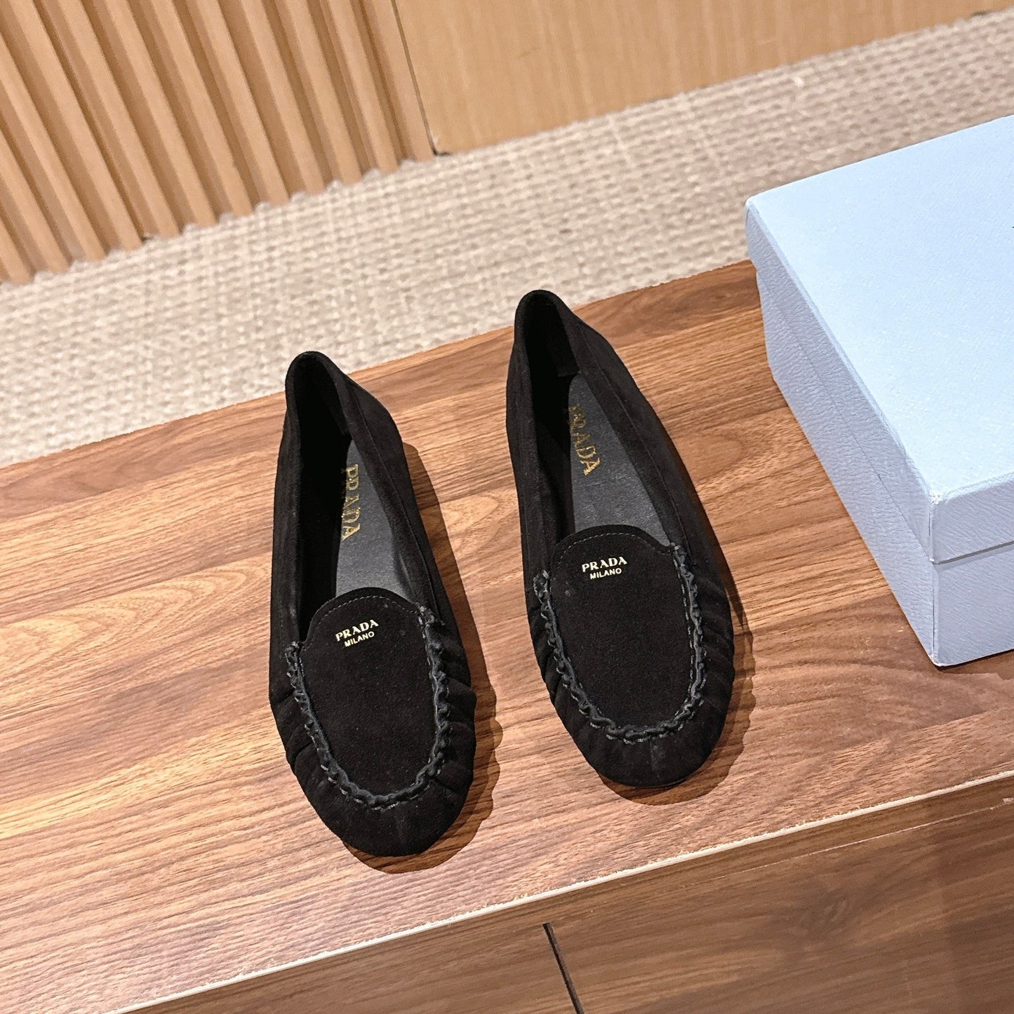 Prada 26s Loafers Black Ruffled Suede 974898