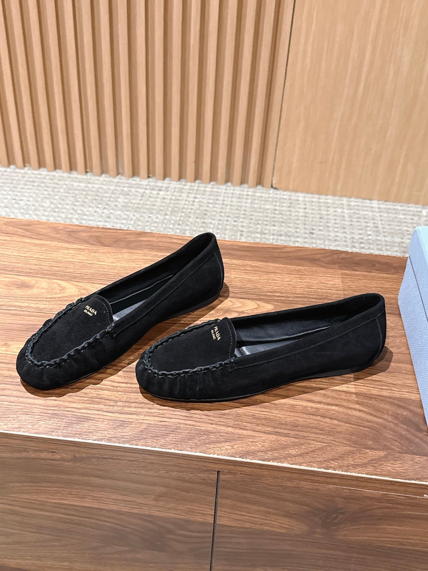 Prada 26s Loafers Black Ruffled Suede 974898