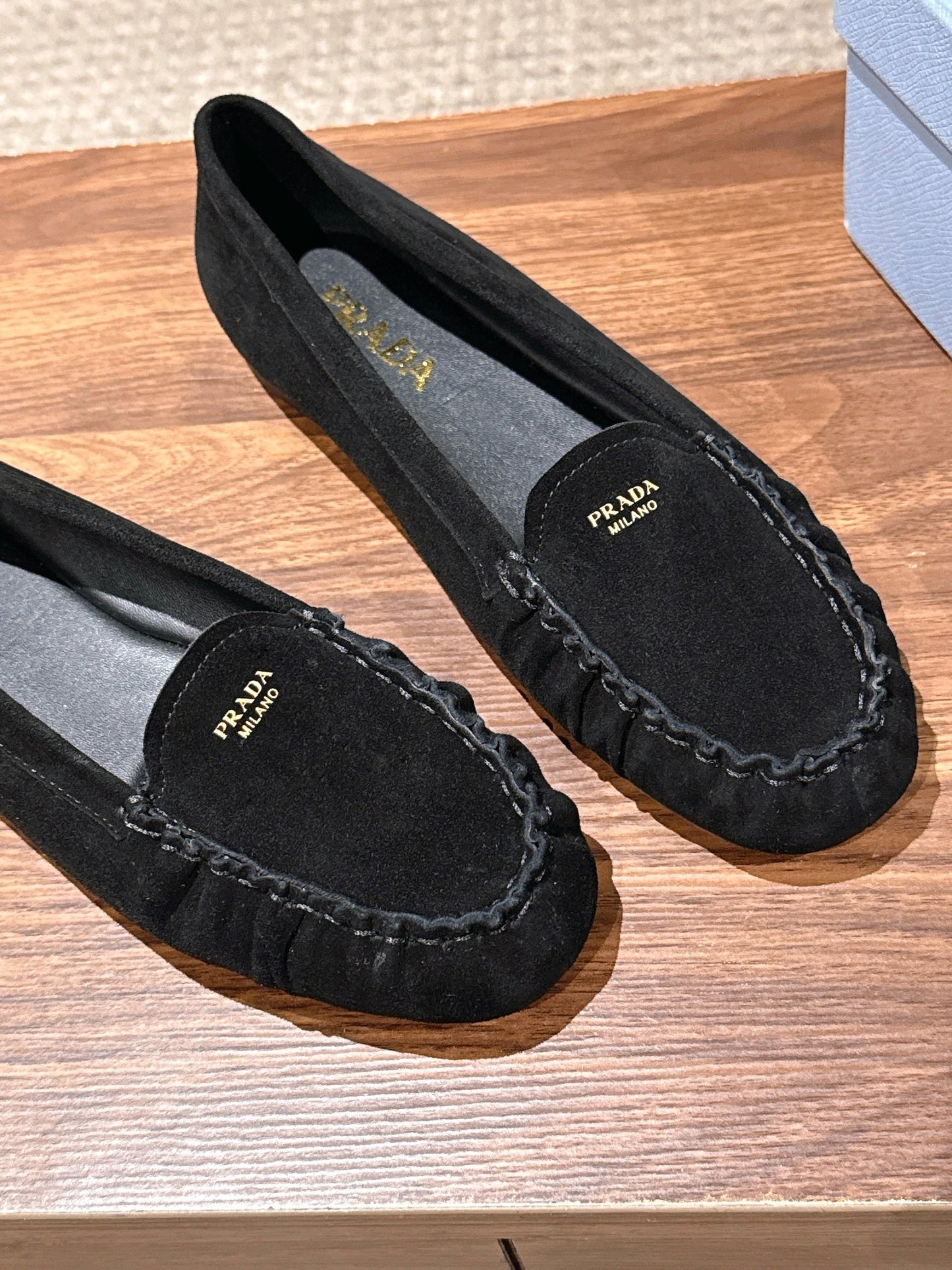 Prada 26s Loafers Black Ruffled Suede 974898