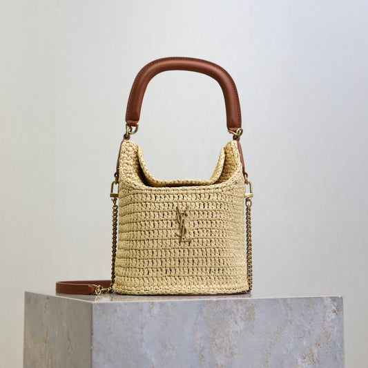 Prada GabyBucket 17cm Brown Beige Raffia Leather GHW