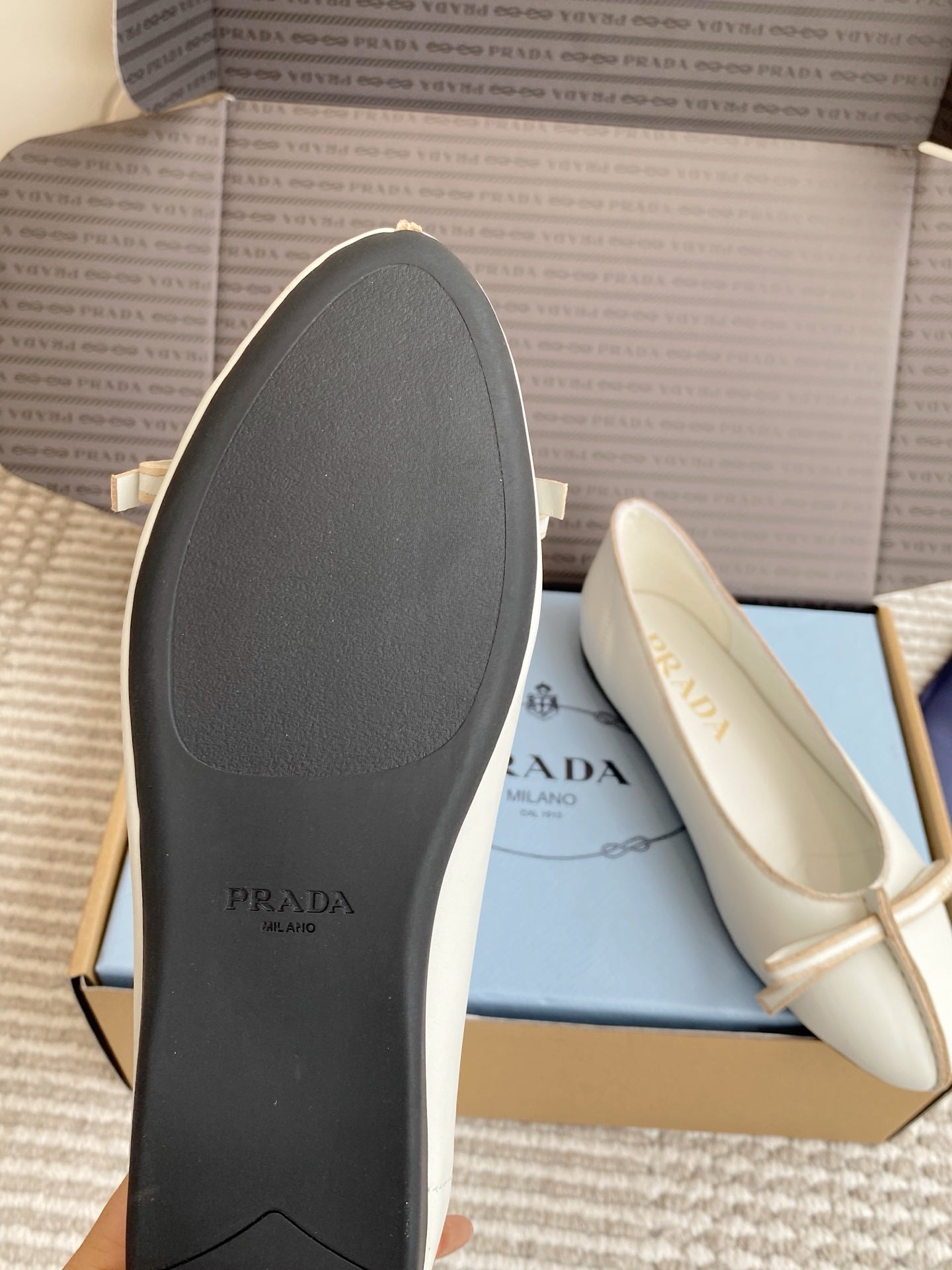 Prada 26s Antiqued Ballerinas Chalk White Lambskin 859009