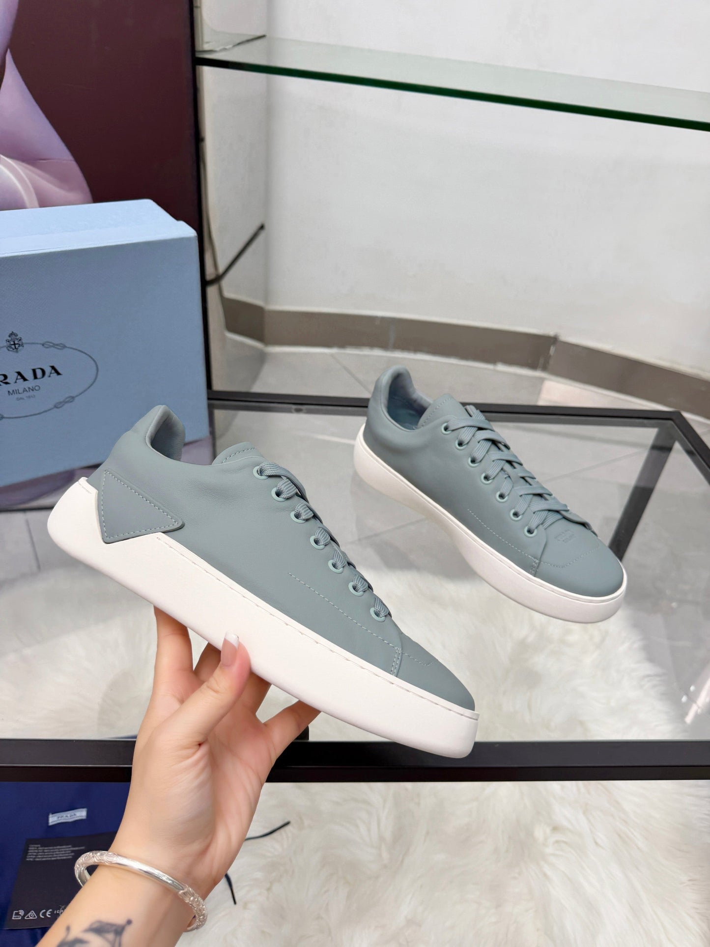 Prada 26s Court Sneakers Stale Blue Leather 838033