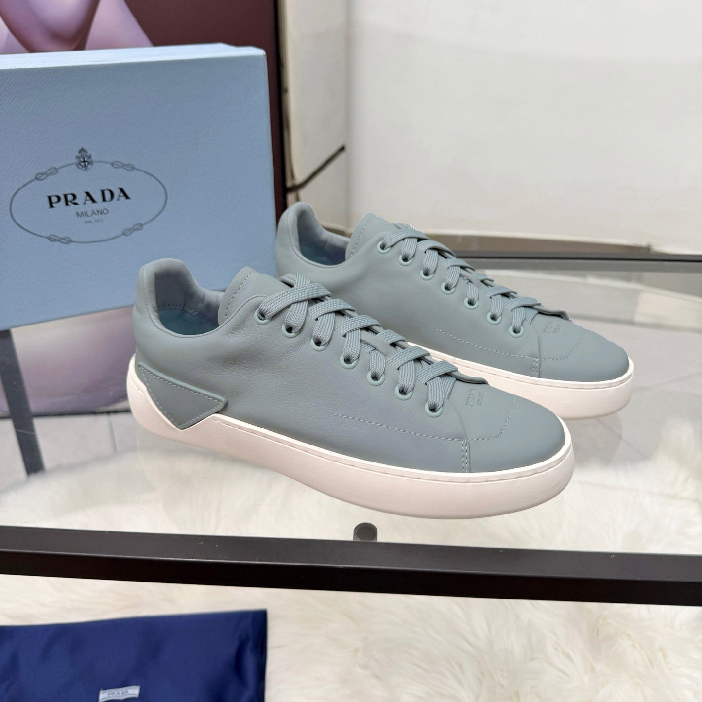 Prada 26s Court Sneakers Stale Blue Leather 838033