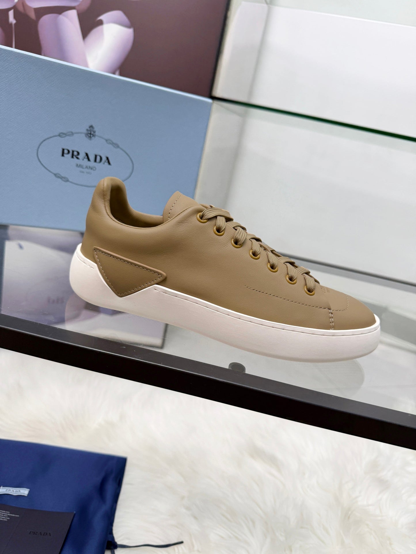 Prada 26s Court Sneakers Taupe Leather 838036
