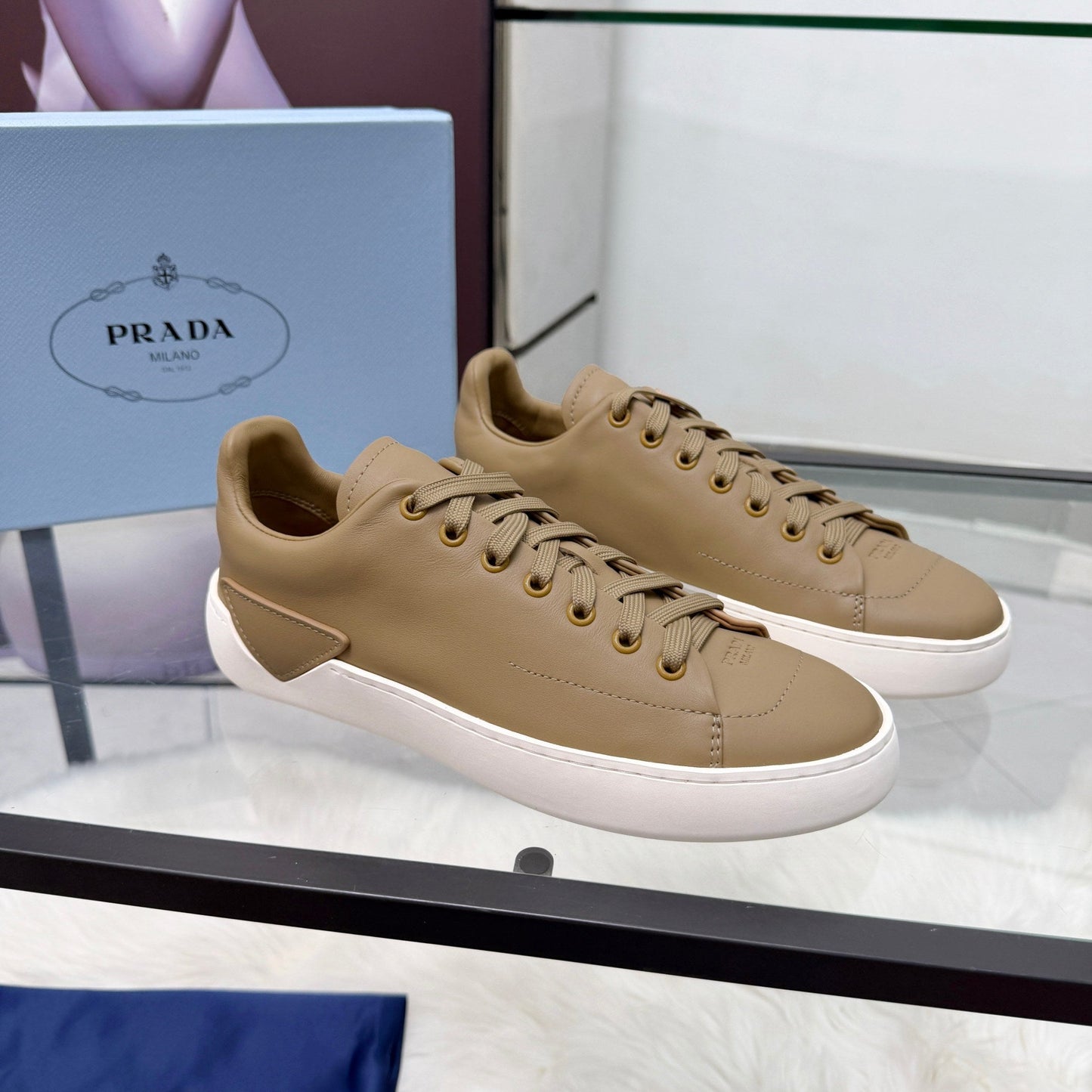 Prada 26s Court Sneakers Taupe Leather 838036