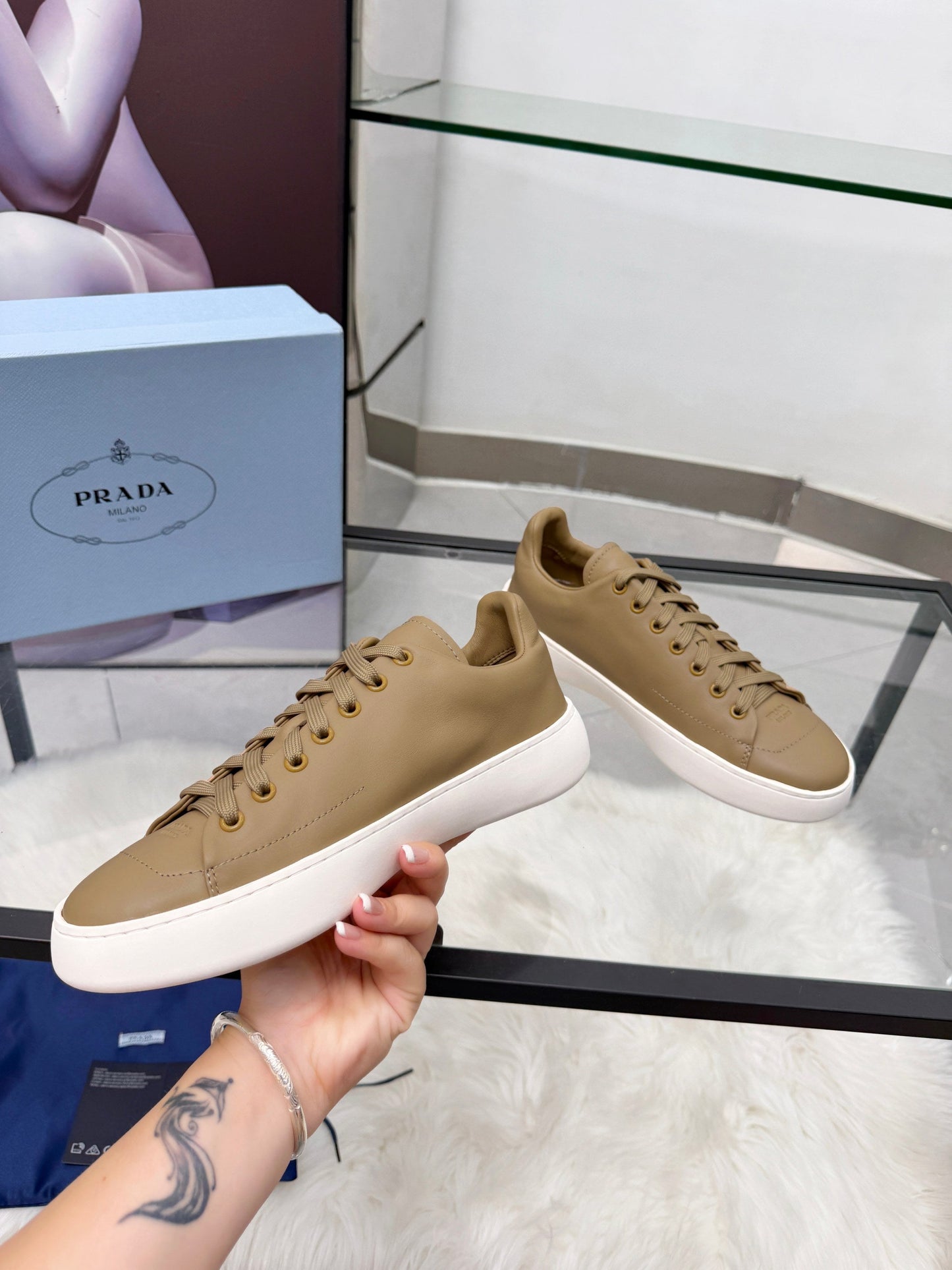 Prada 26s Court Sneakers Taupe Leather 838036