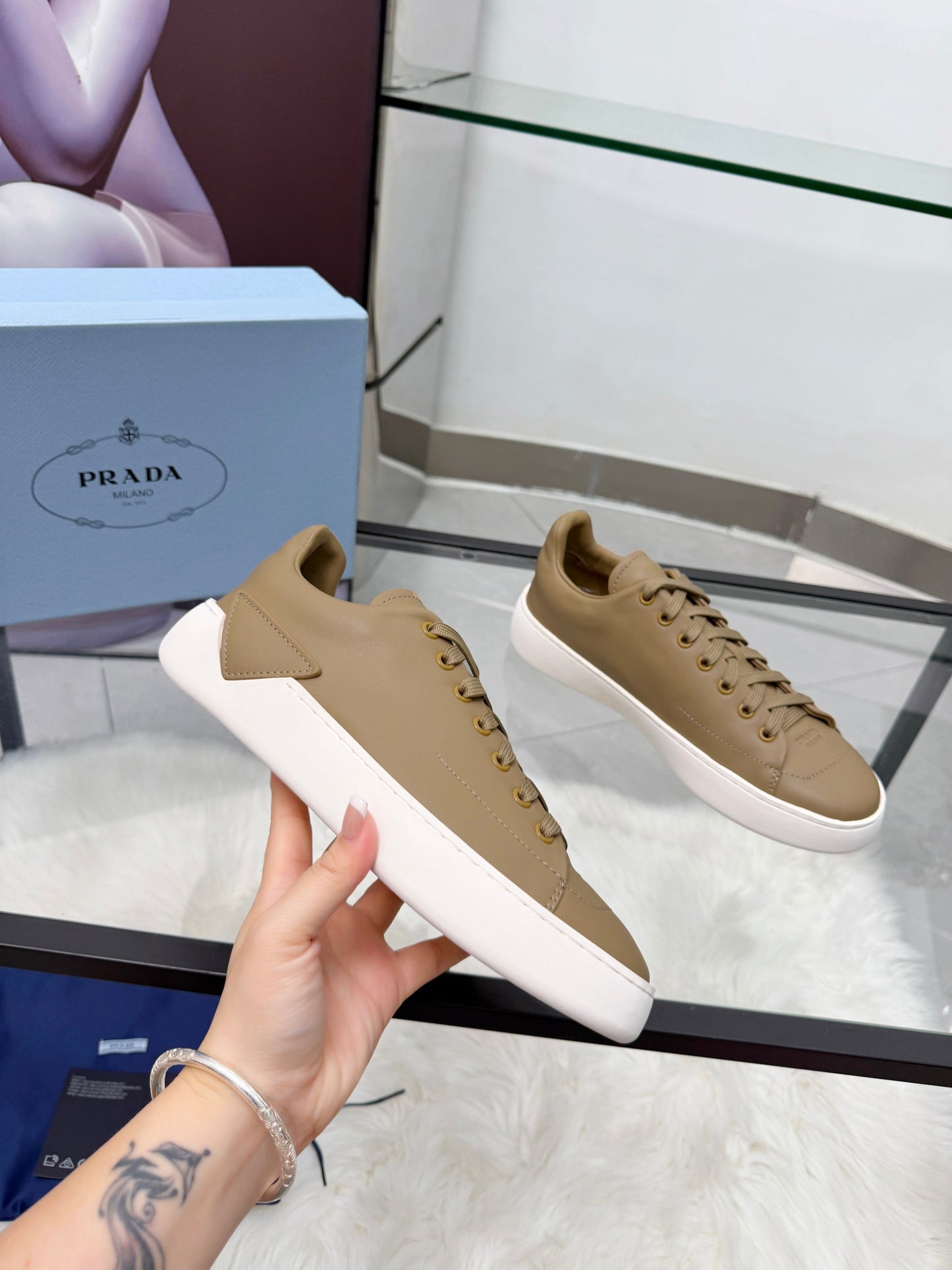 Prada 26s Court Sneakers Taupe Leather 838036