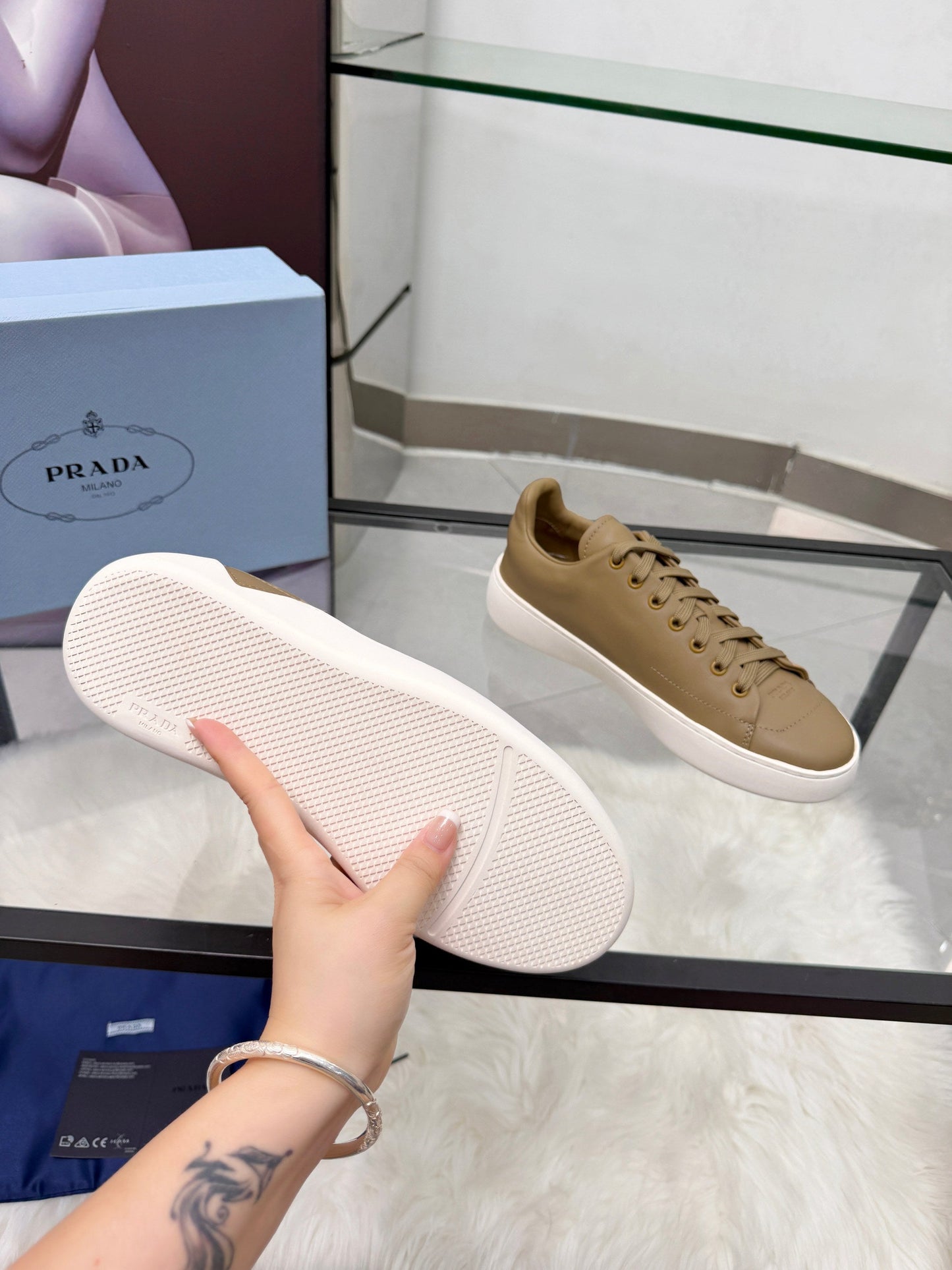 Prada 26s Court Sneakers Taupe Leather 838036