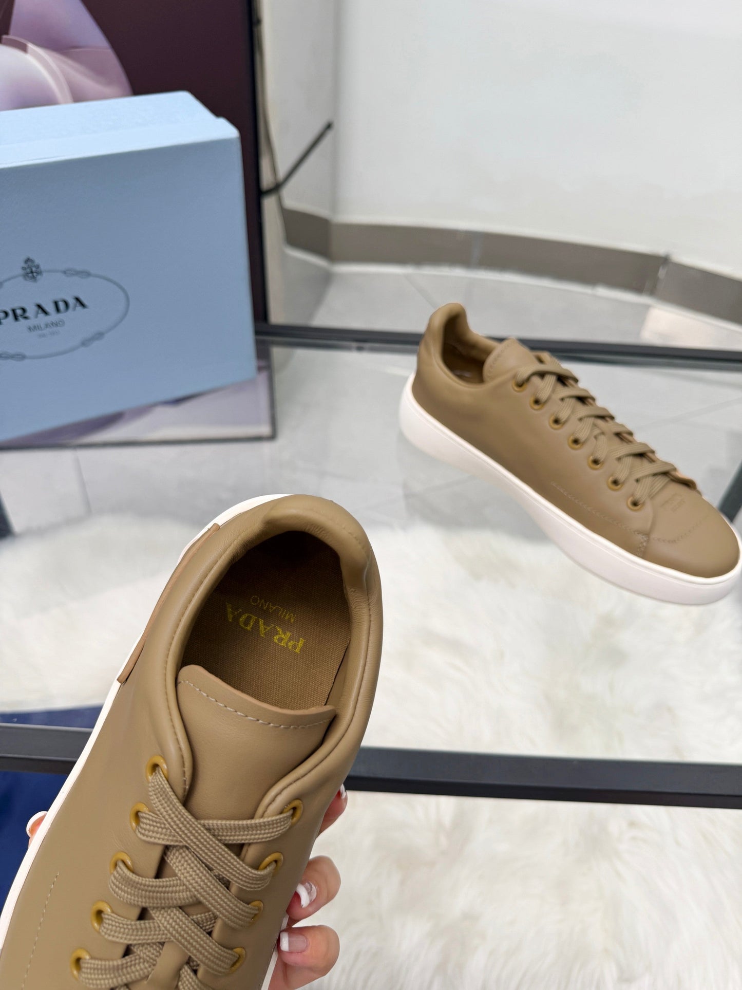 Prada 26s Court Sneakers Taupe Leather 838036