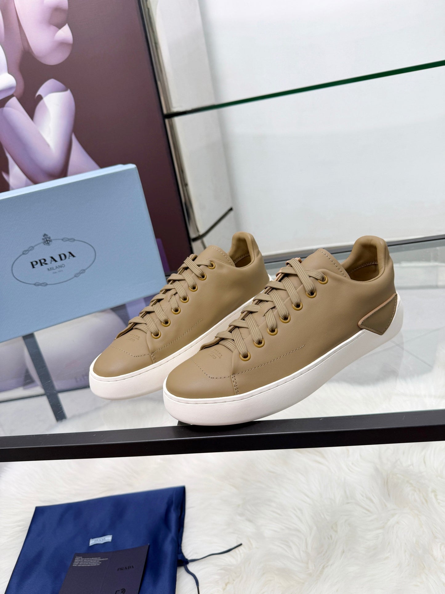 Prada 26s Court Sneakers Taupe Leather 838036