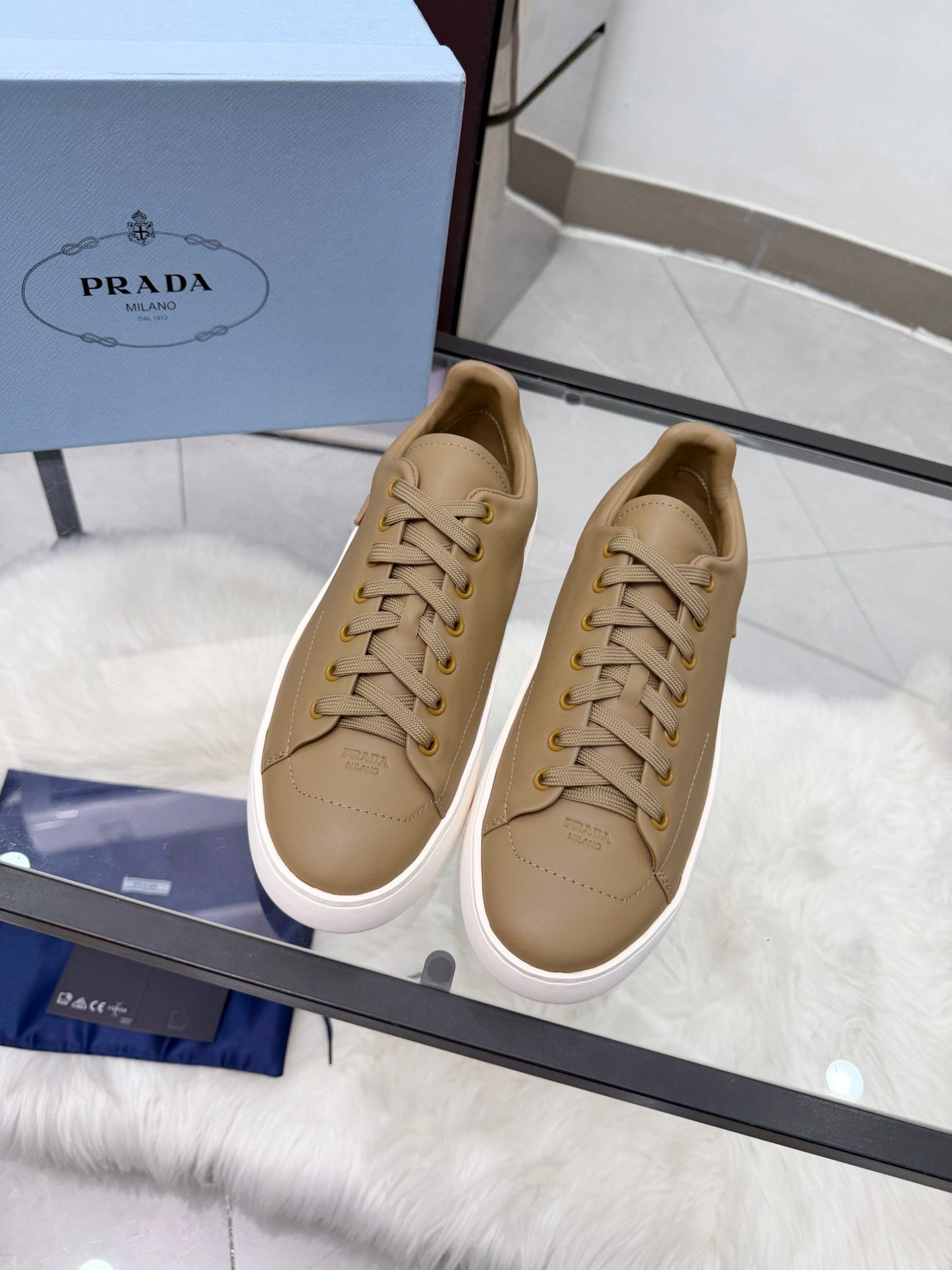 Prada 26s Court Sneakers Taupe Leather 838036
