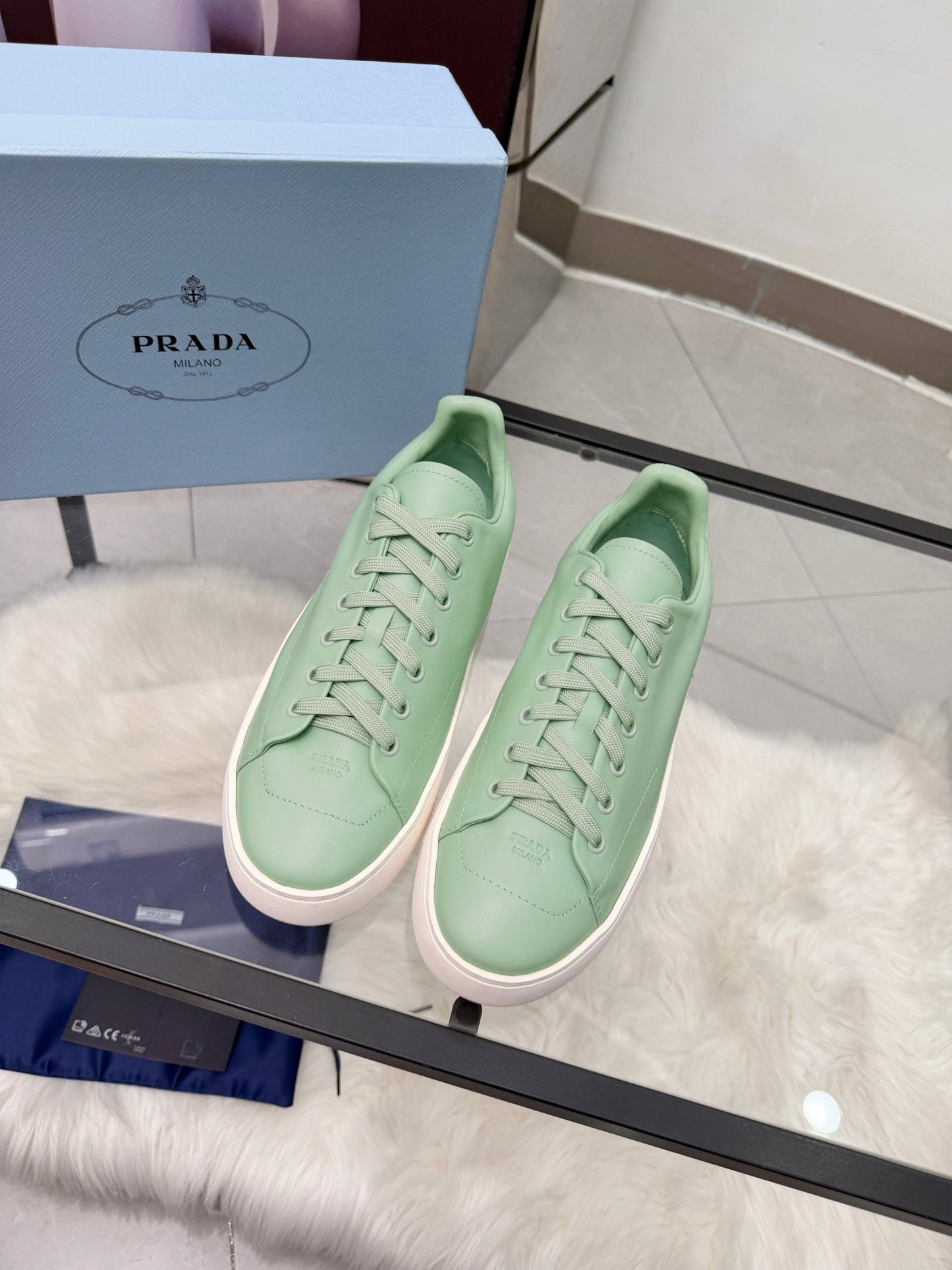 Prada 26s Court Sneakers Mint Green Leather 838032