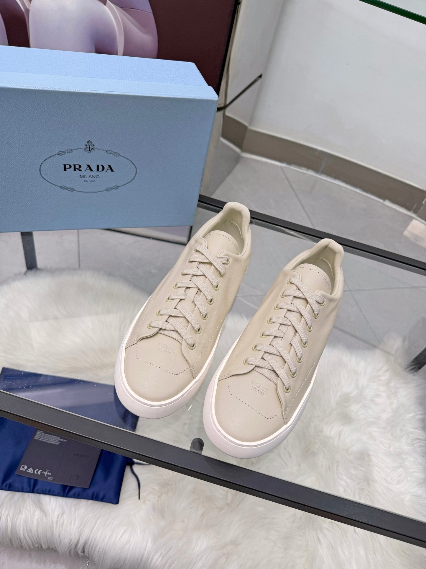 Prada 26s Court Sneakers Cream Leather 838037