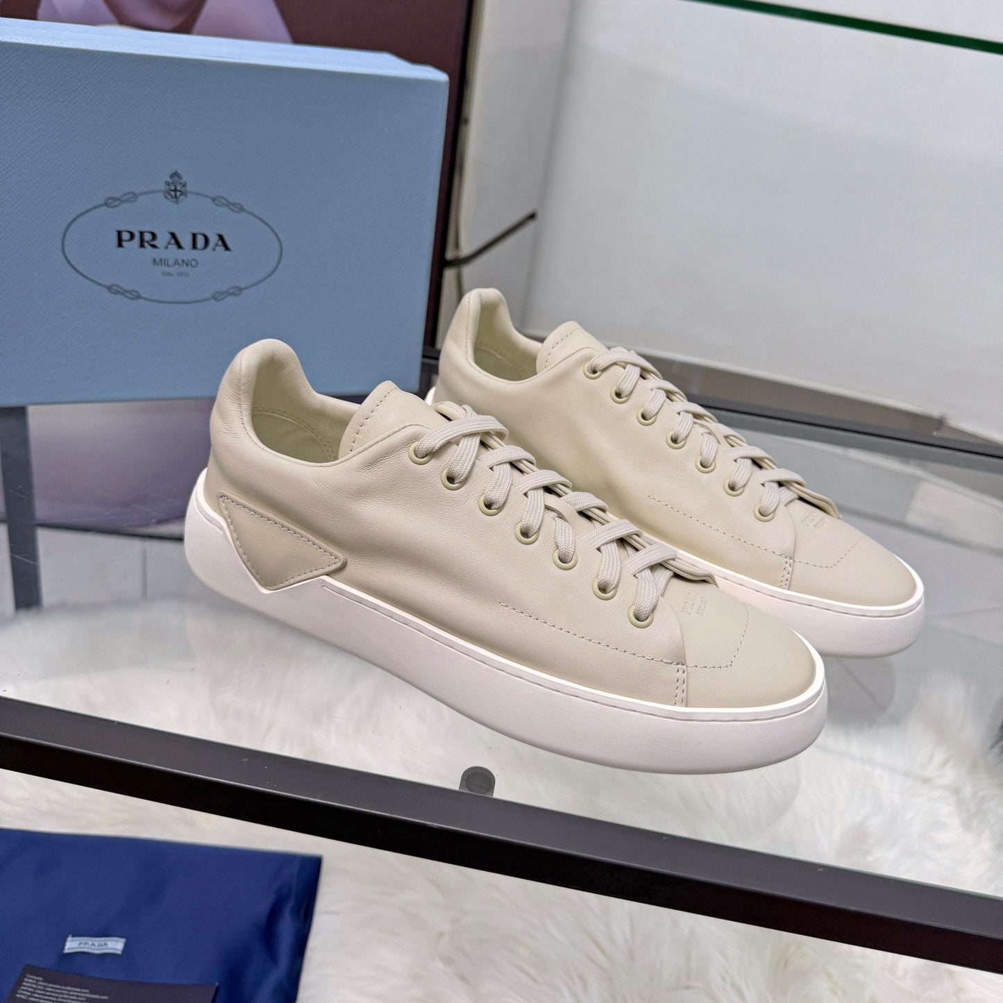 Prada 26s Court Sneakers Cream Leather 838037
