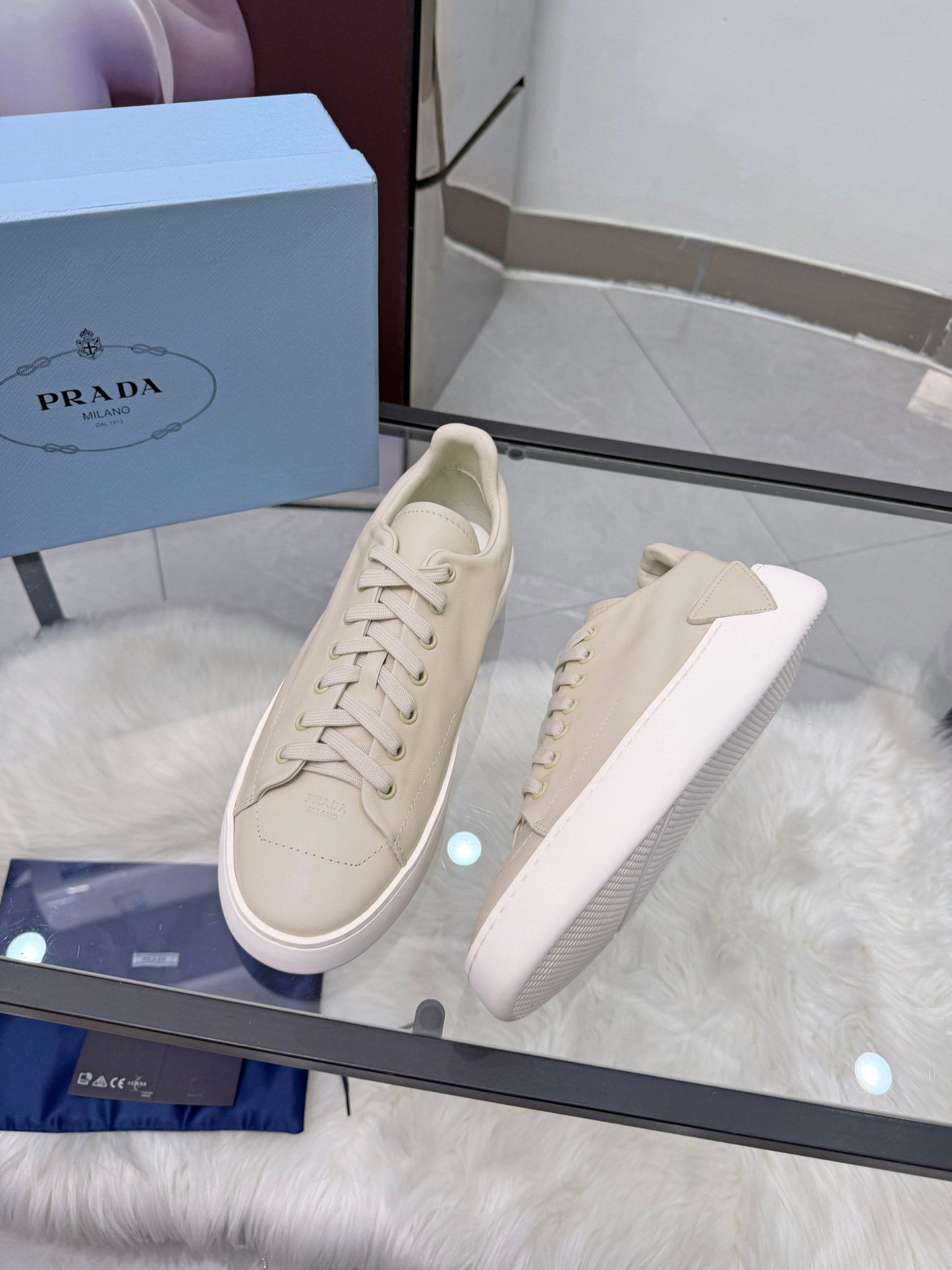 Prada 26s Court Sneakers Cream Leather 838037