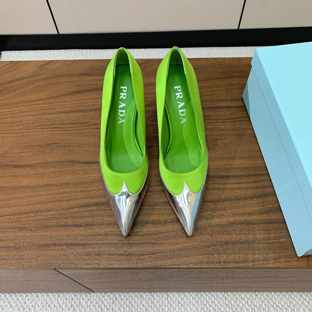 Prada Pumps 8.5cm Green Satin Sliver Patent Leather 896186