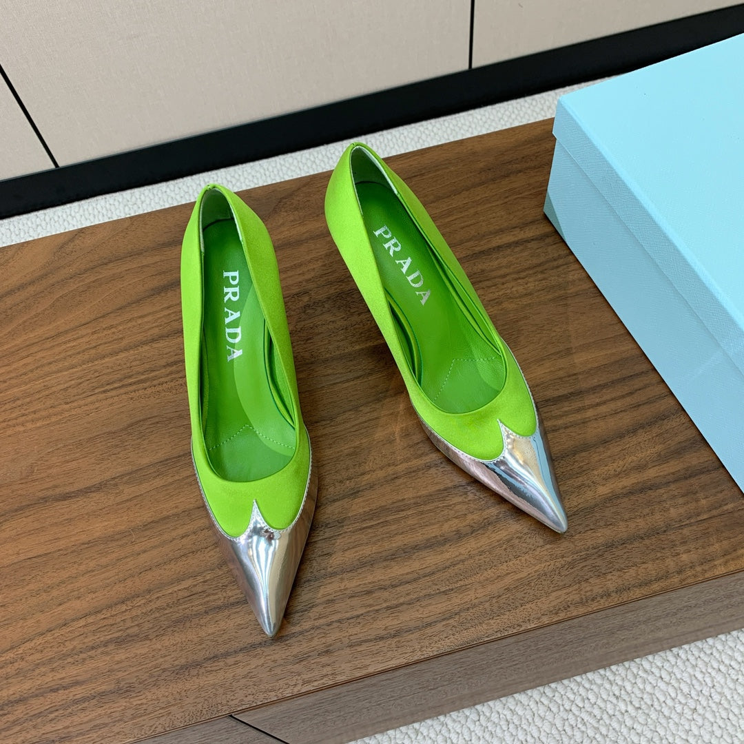 Prada Pumps 8.5cm Green Satin Sliver Patent Leather 896186