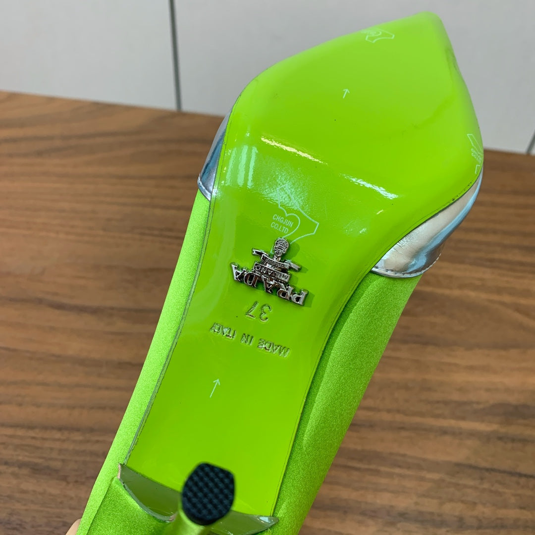 Prada Pumps 8.5cm Green Satin Sliver Patent Leather 896186