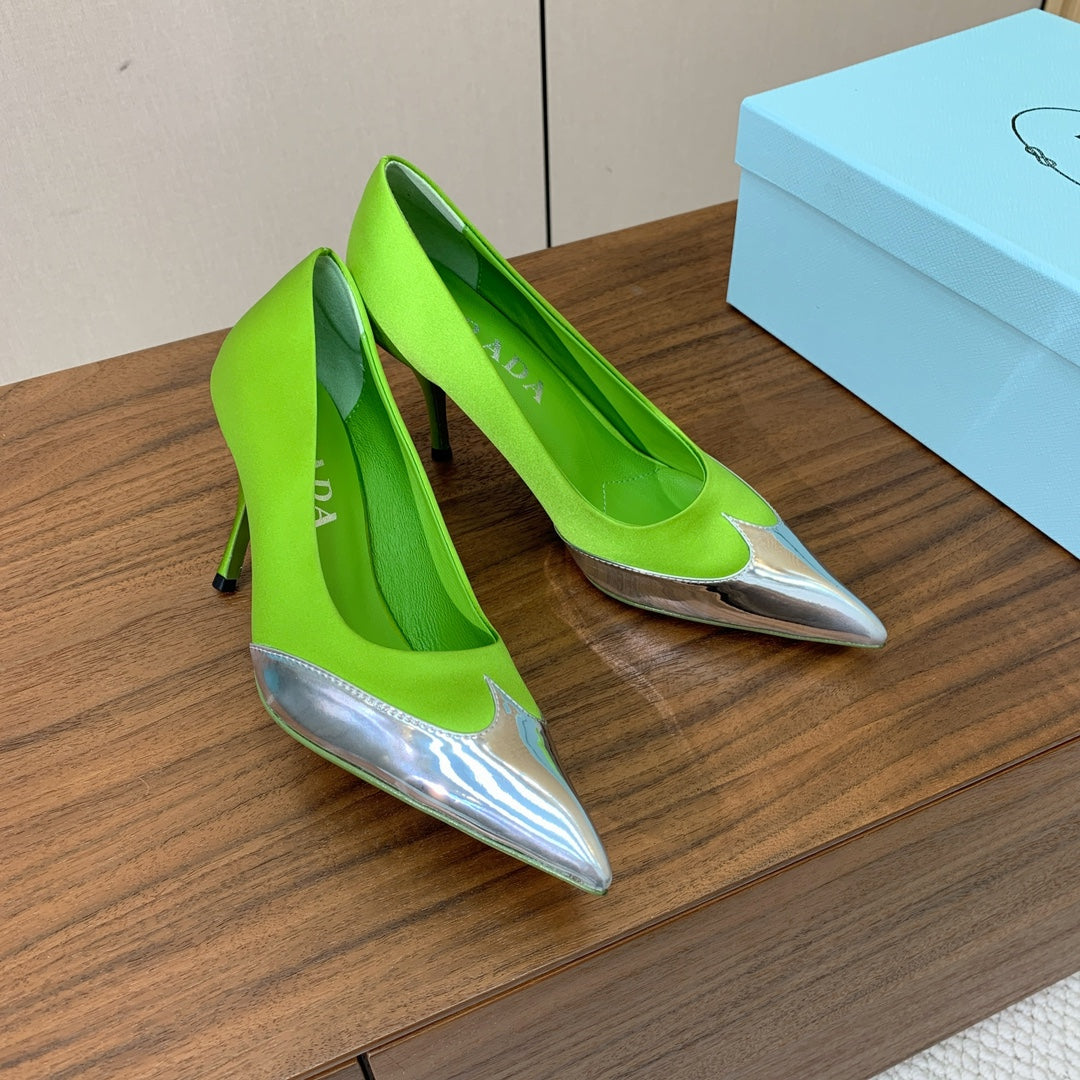 Prada Pumps 8.5cm Green Satin Sliver Patent Leather 896186