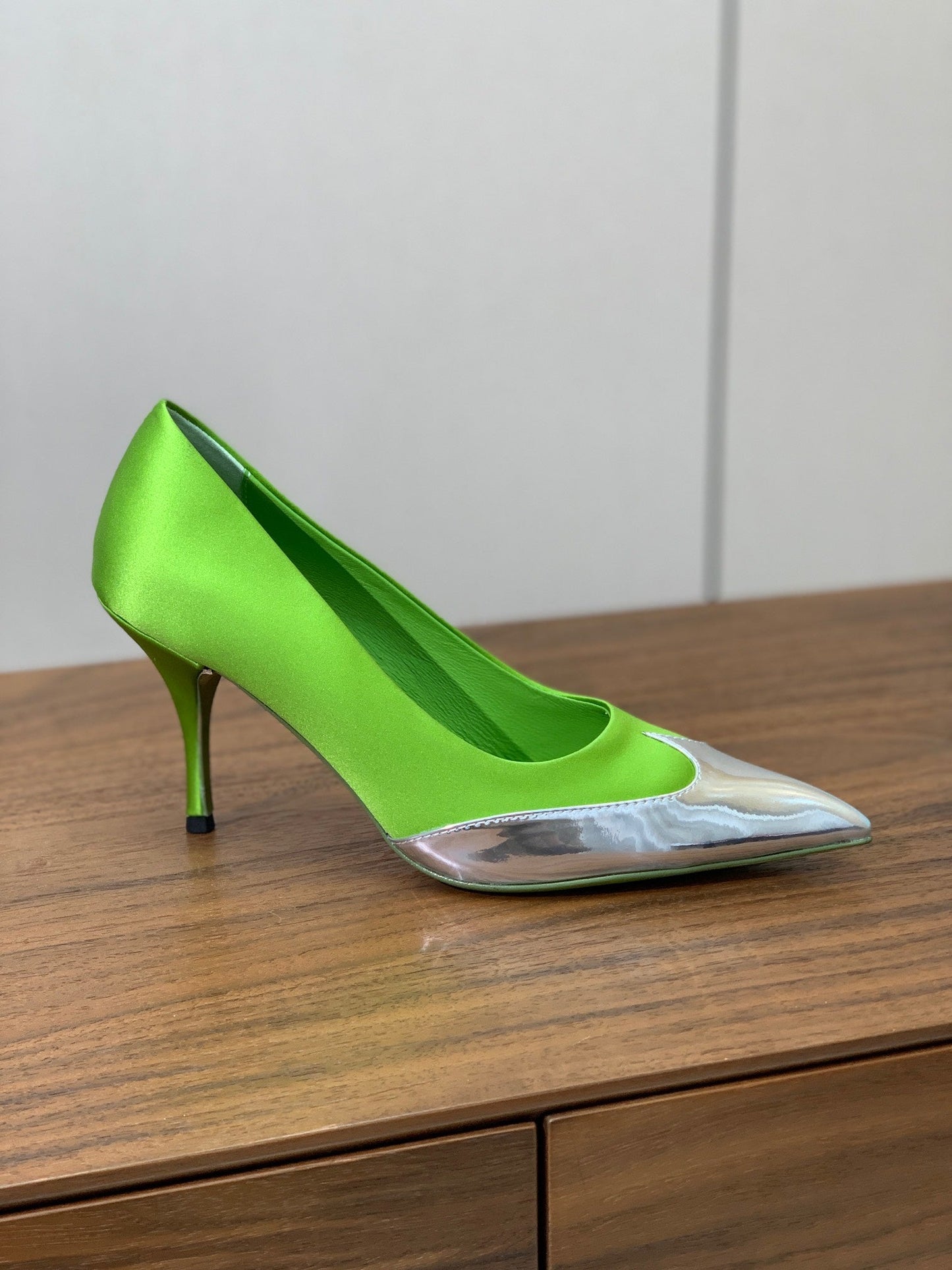 Prada Pumps 8.5cm Green Satin Sliver Patent Leather 896186
