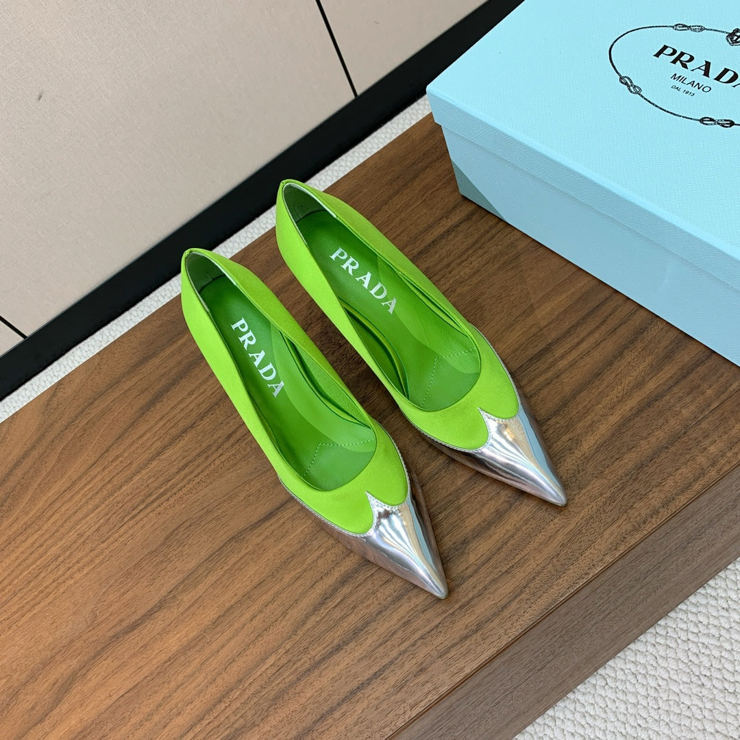 Prada Pumps 8.5cm Green Satin Sliver Patent Leather 896186
