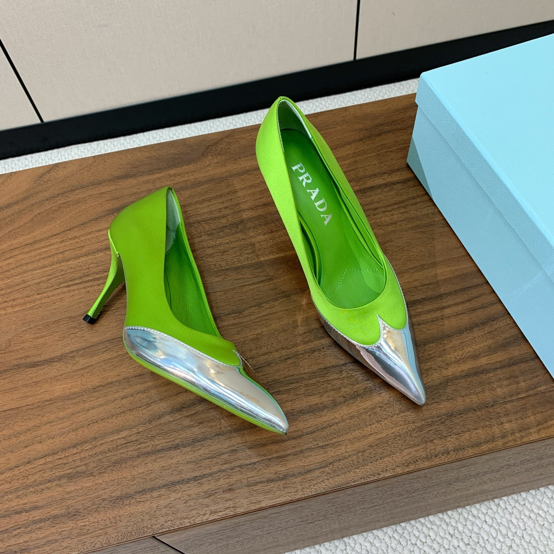 Prada Pumps 8.5cm Green Satin Sliver Patent Leather 896186