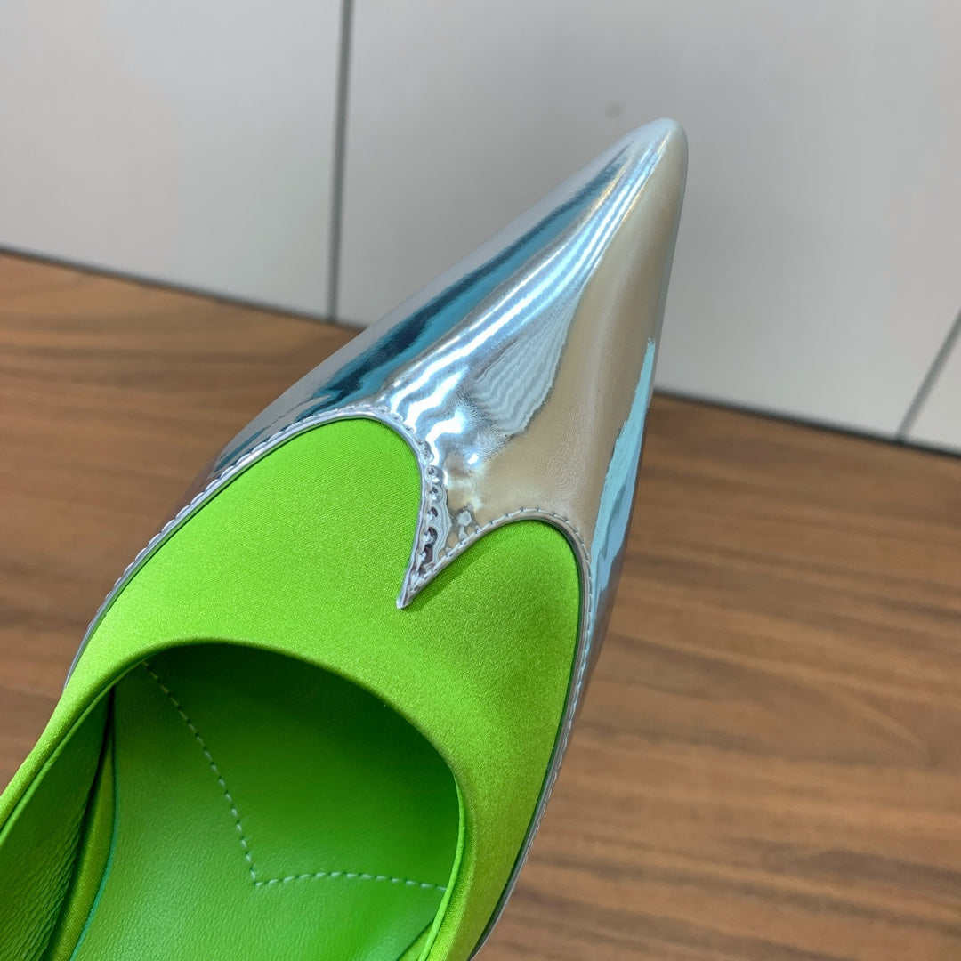 Prada Pumps 8.5cm Green Satin Sliver Patent Leather 896186
