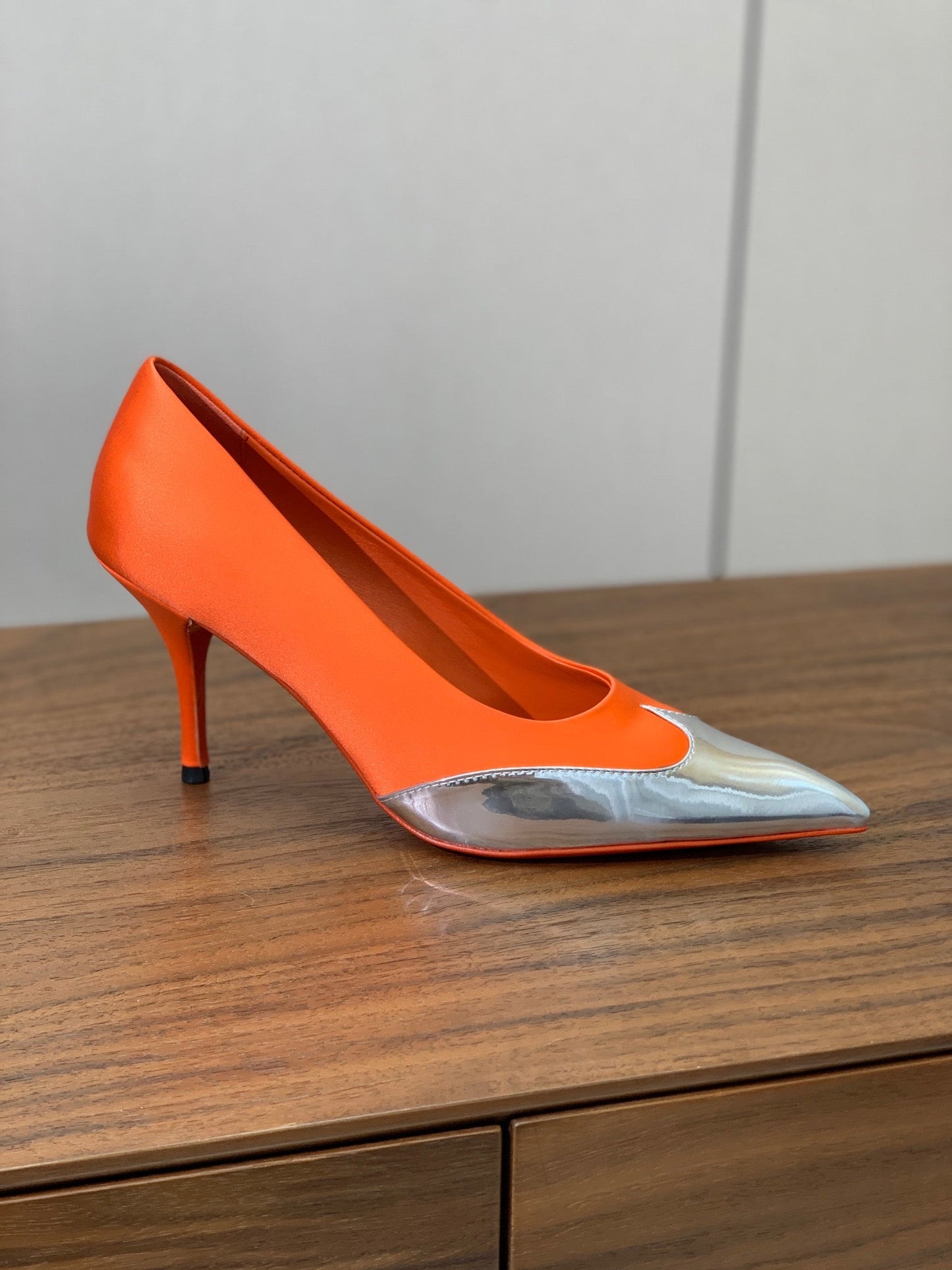 Prada Pumps 8.5cm Orange Satin Sliver Patent Leather 896187