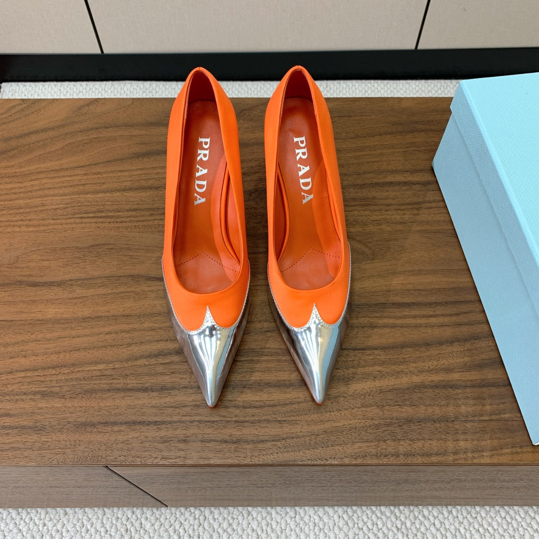 Prada Pumps 8.5cm Orange Satin Sliver Patent Leather 896187
