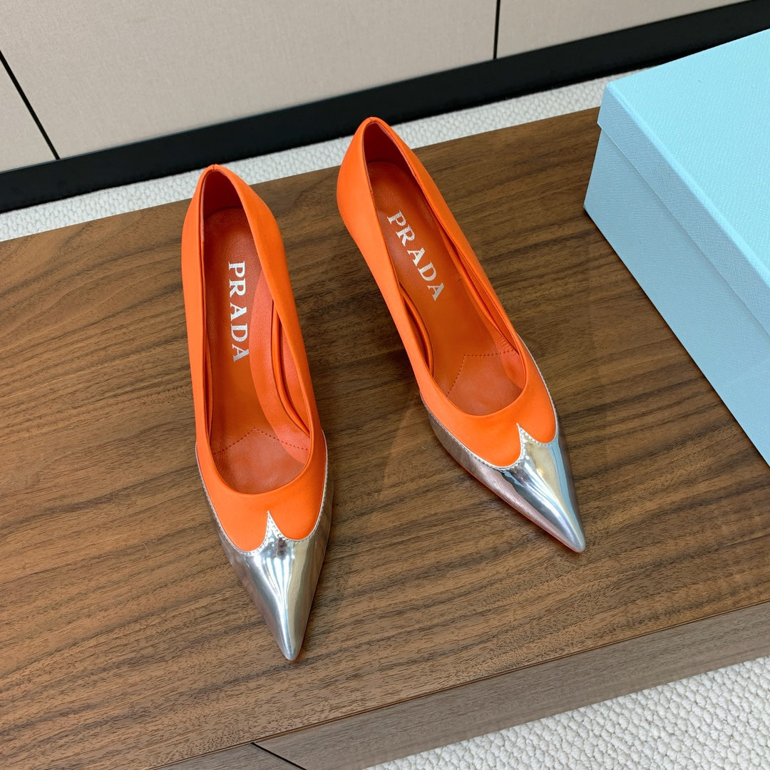 Prada Pumps 8.5cm Orange Satin Sliver Patent Leather 896187