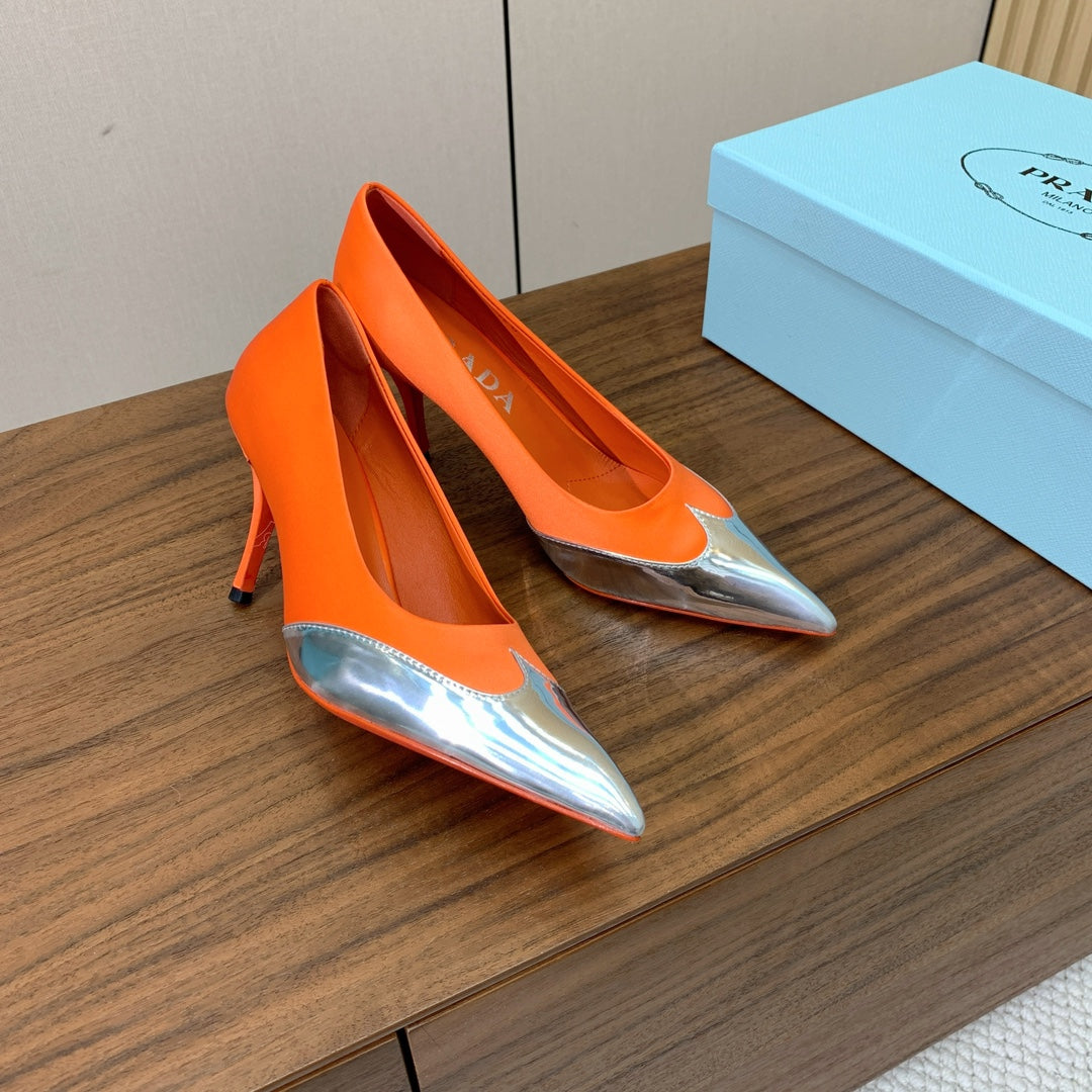 Prada Pumps 8.5cm Orange Satin Sliver Patent Leather 896187
