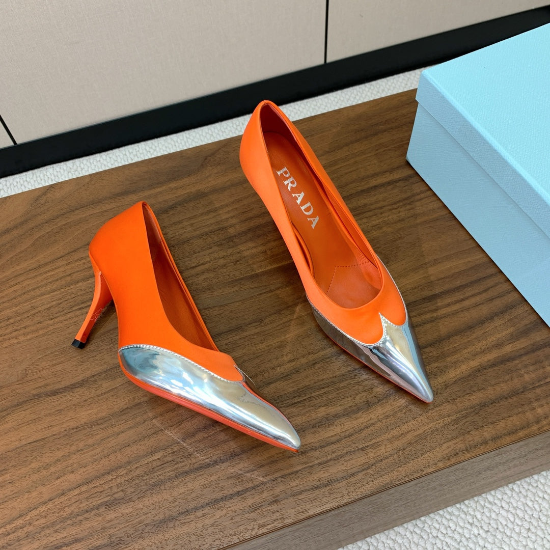 Prada Pumps 8.5cm Orange Satin Sliver Patent Leather 896187