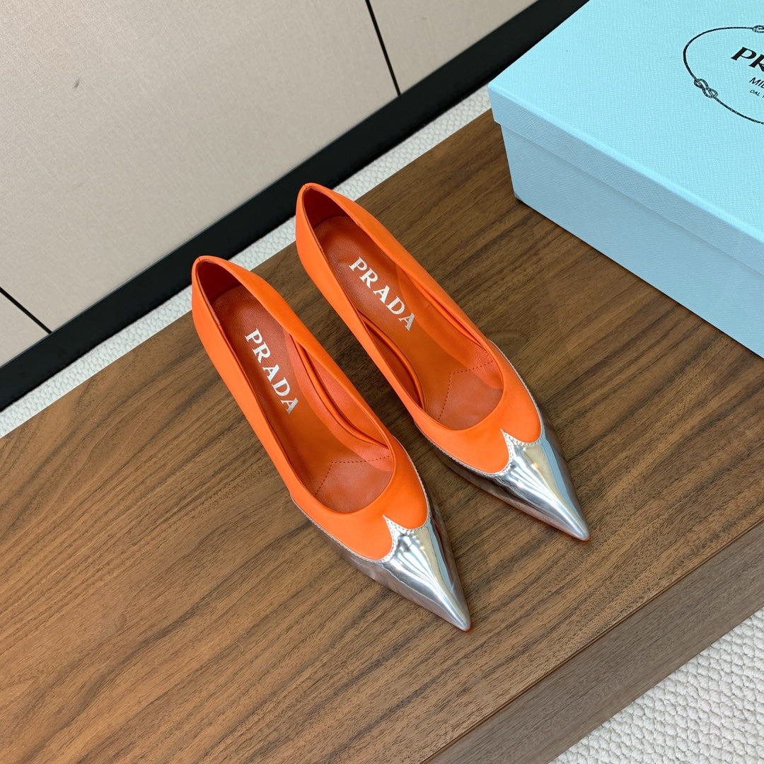 Prada Pumps 8.5cm Orange Satin Sliver Patent Leather 896187